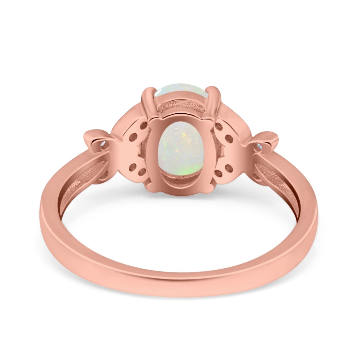 14K Rose Gold 0.06ct Oval 8mmx6mm Butterfly Accent G SI Natural White Opal Diamond Engagement Wedding Ring Size 6.5