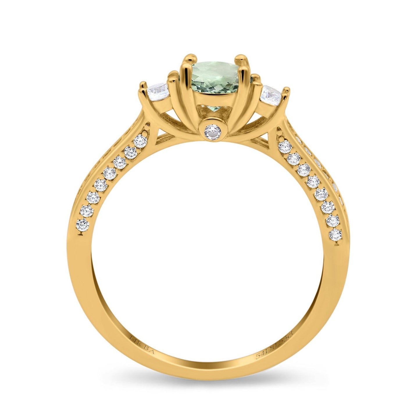 14K Yellow Gold 1.37ct Round Three Stone Vintage 6mm G SI Natural Green Amethyst Diamond Engagement Wedding Ring Size 6.5