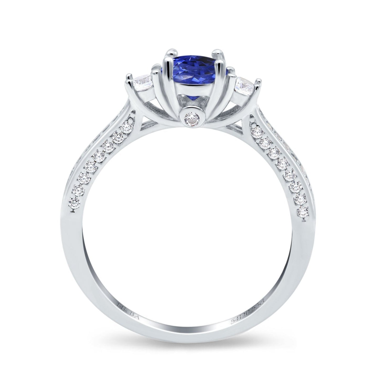 14K White Gold 1.37ct Round Three Stone Vintage 6mm G SI Nano Blue Sapphire Diamond Engagement Wedding Ring Size 6.5