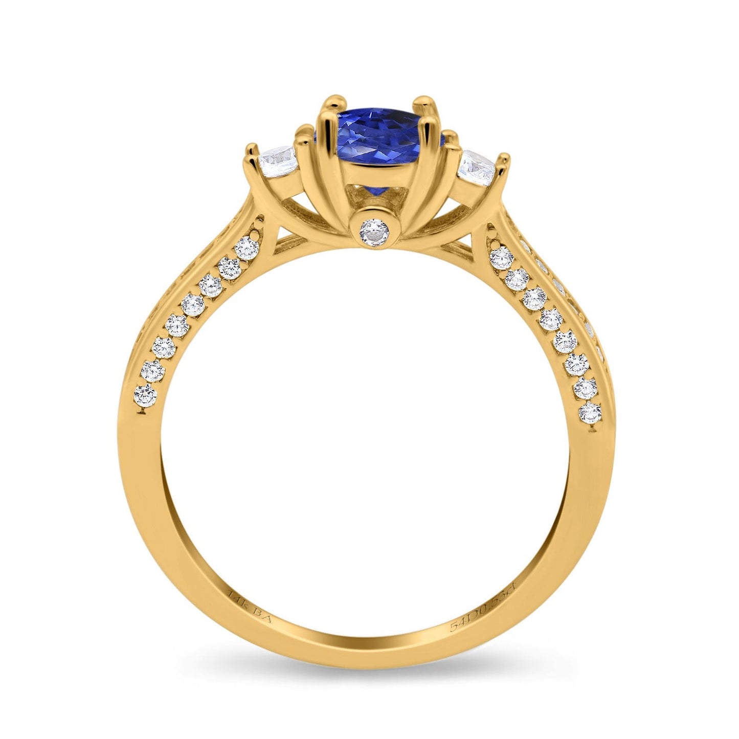 14K Yellow Gold 1.37ct Round Three Stone Vintage 6mm G SI Nano Blue Sapphire Diamond Engagement Wedding Ring Size 6.5