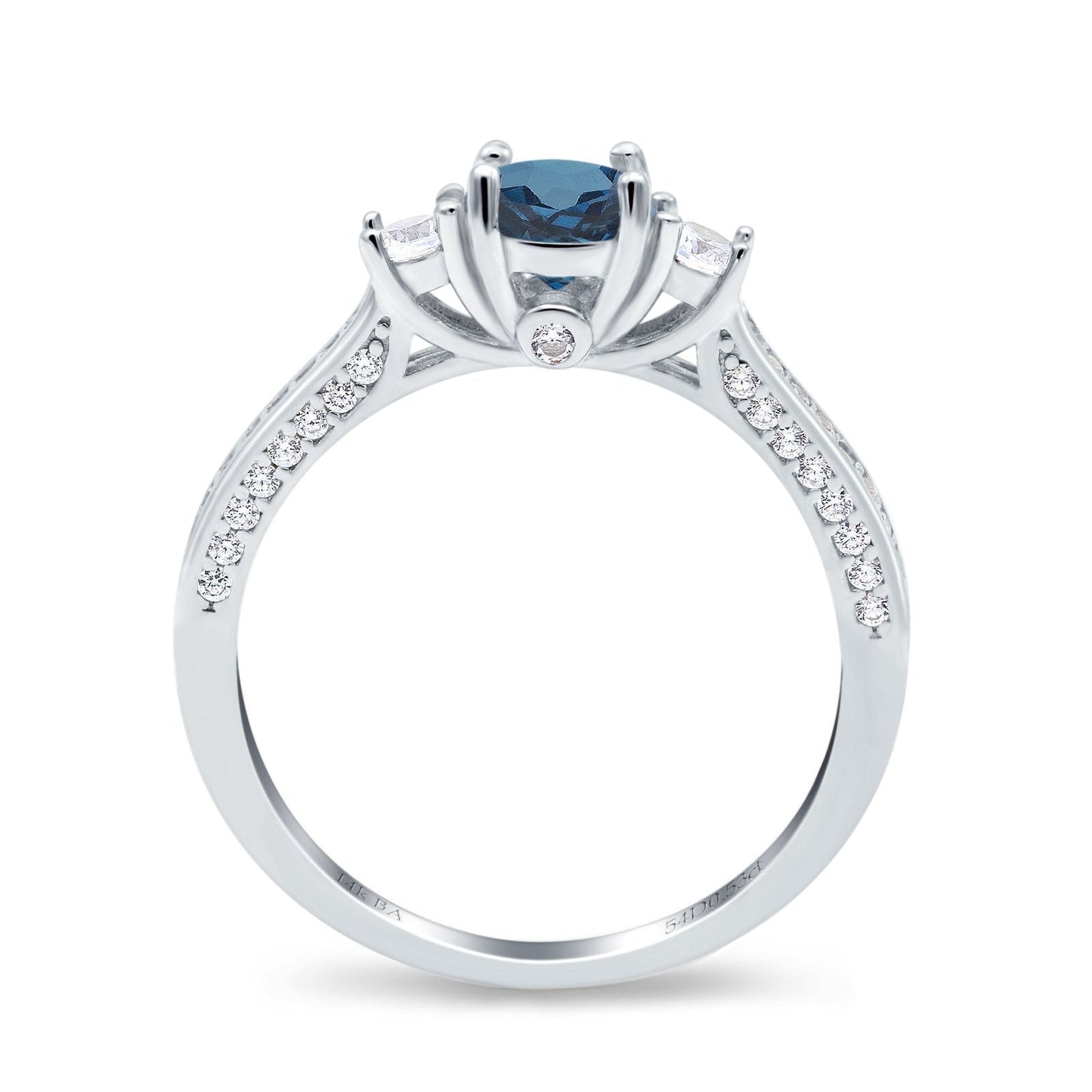 14K White Gold 1.37ct Round Three Stone Vintage 6mm G SI London Blue Topaz Diamond Engagement Wedding Ring Size 6.5