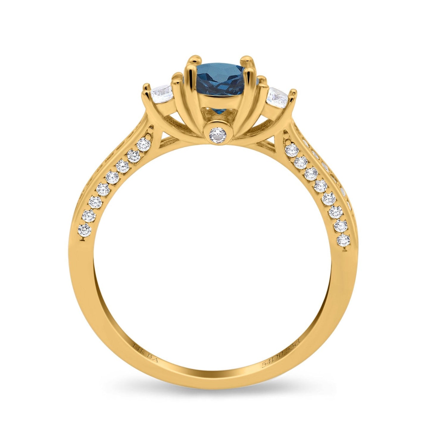 14K Yellow Gold 1.37ct Round Three Stone Vintage 6mm G SI London Blue Topaz Diamond Engagement Wedding Ring Size 6.5