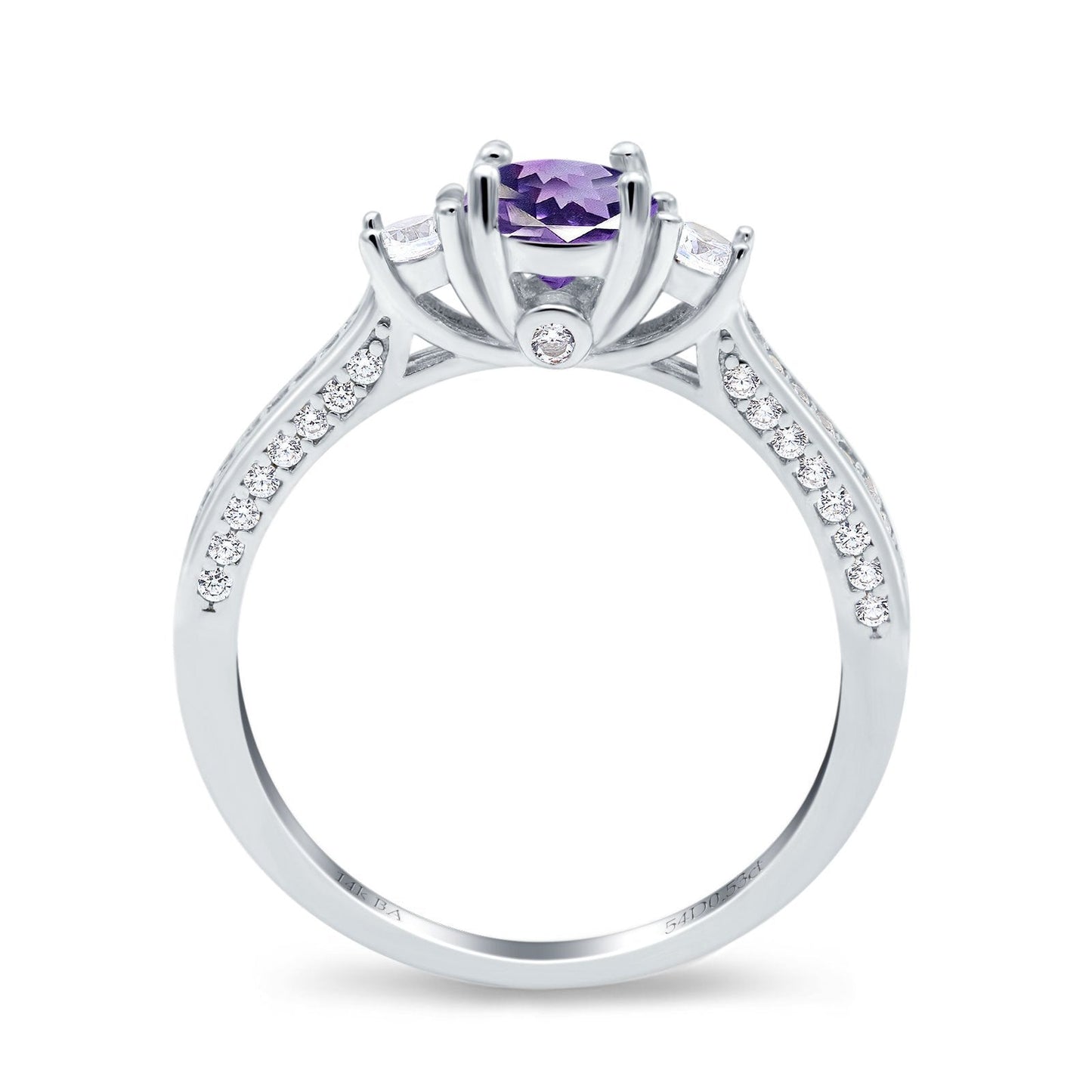 14K White Gold 1.37ct Round Three Stone Vintage 6mm G SI Natural Amethyst Diamond Engagement Wedding Ring Size 6.5