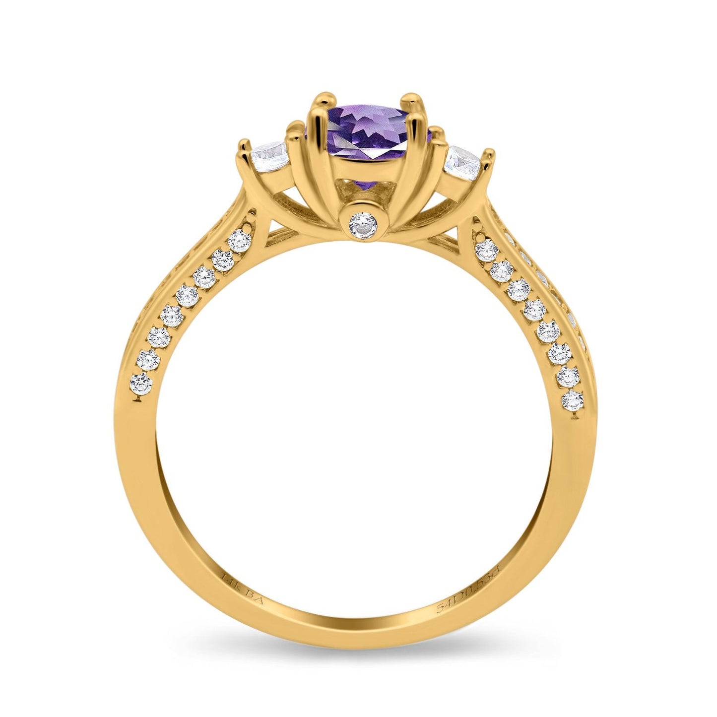 14K Yellow Gold 1.37ct Round Three Stone Vintage 6mm G SI Natural Amethyst Diamond Engagement Wedding Ring Size 6.5