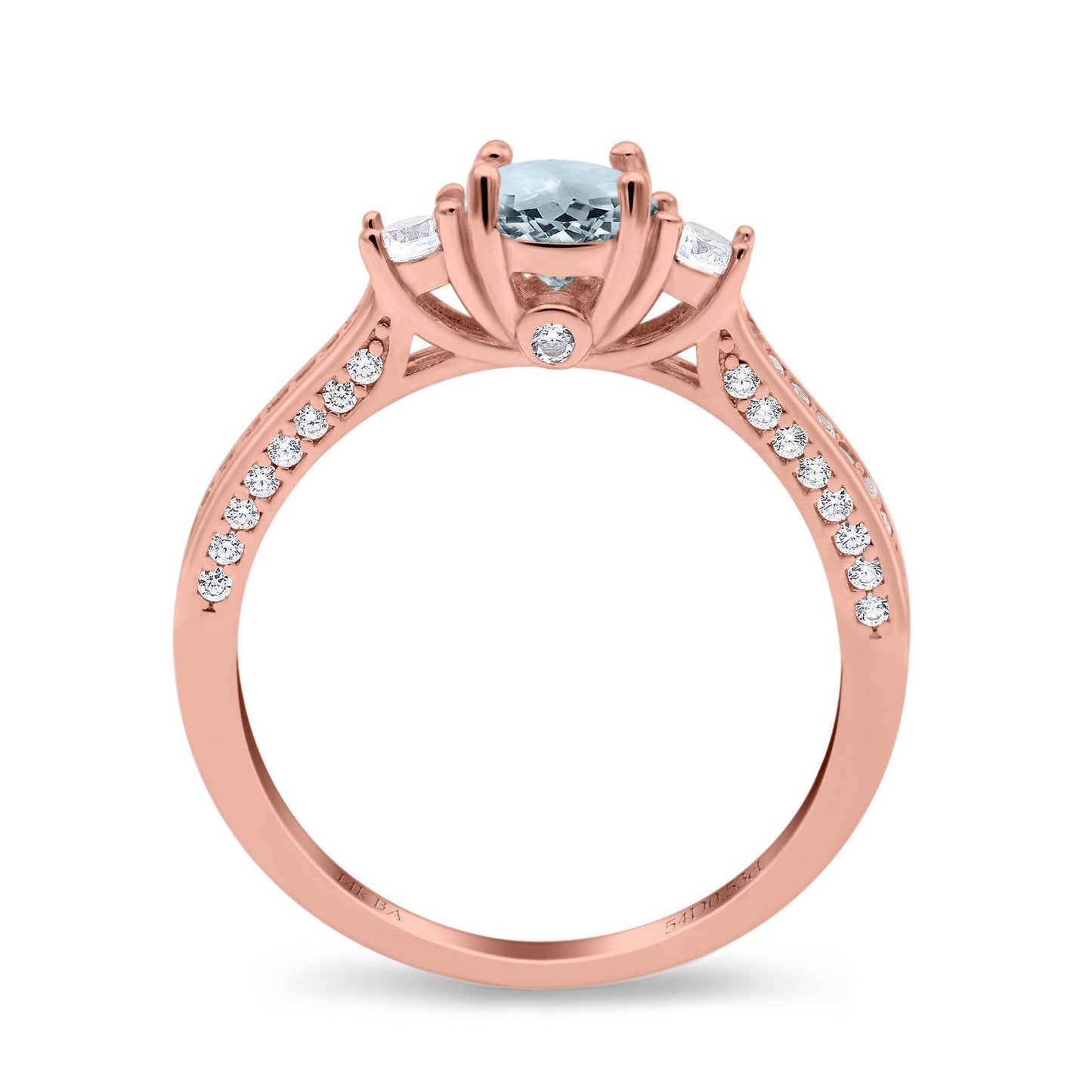 14K Rose Gold 1.37ct Round Three Stone Vintage 6mm G SI Natural Aquamarine Diamond Engagement Wedding Ring Size 6.5