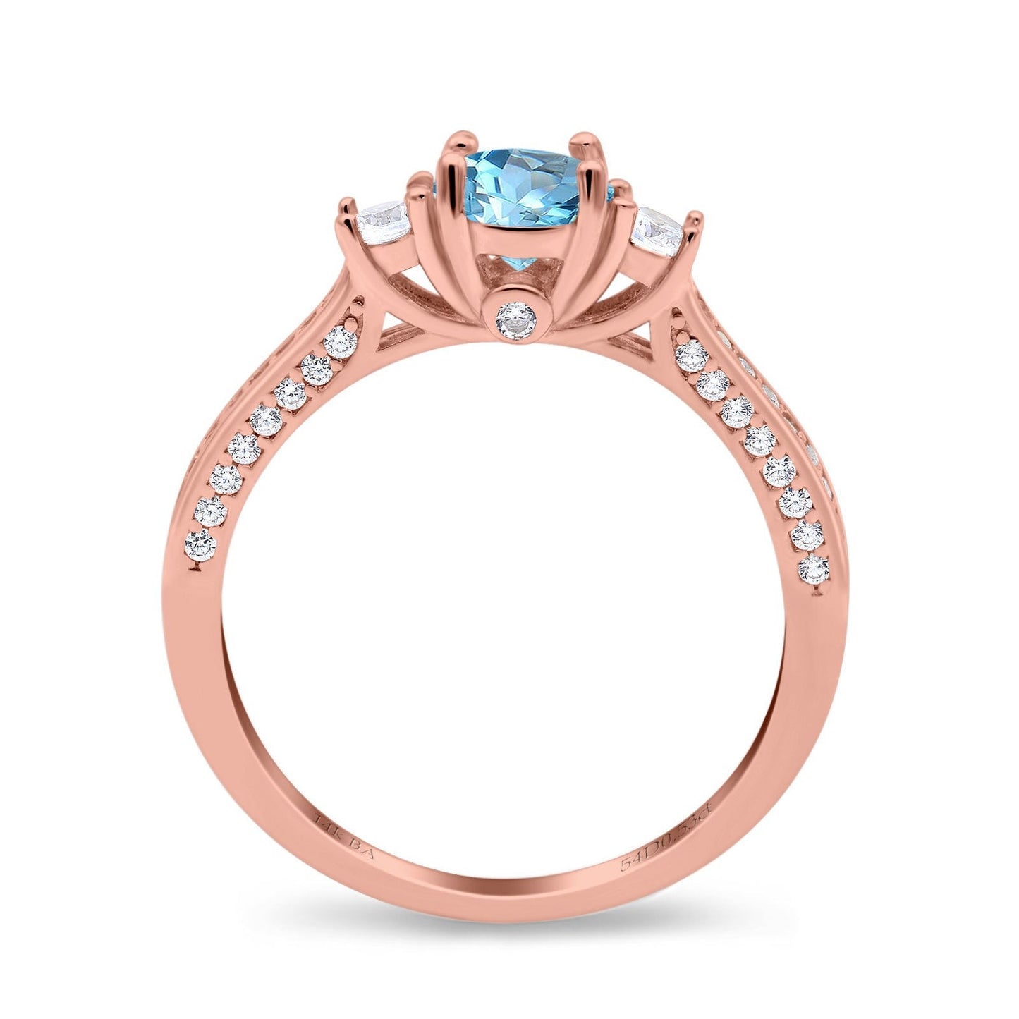 14K Rose Gold 1.37ct Round Three Stone Vintage 6mm G SI Natural Blue Topaz Diamond Engagement Wedding Ring Size 6.5