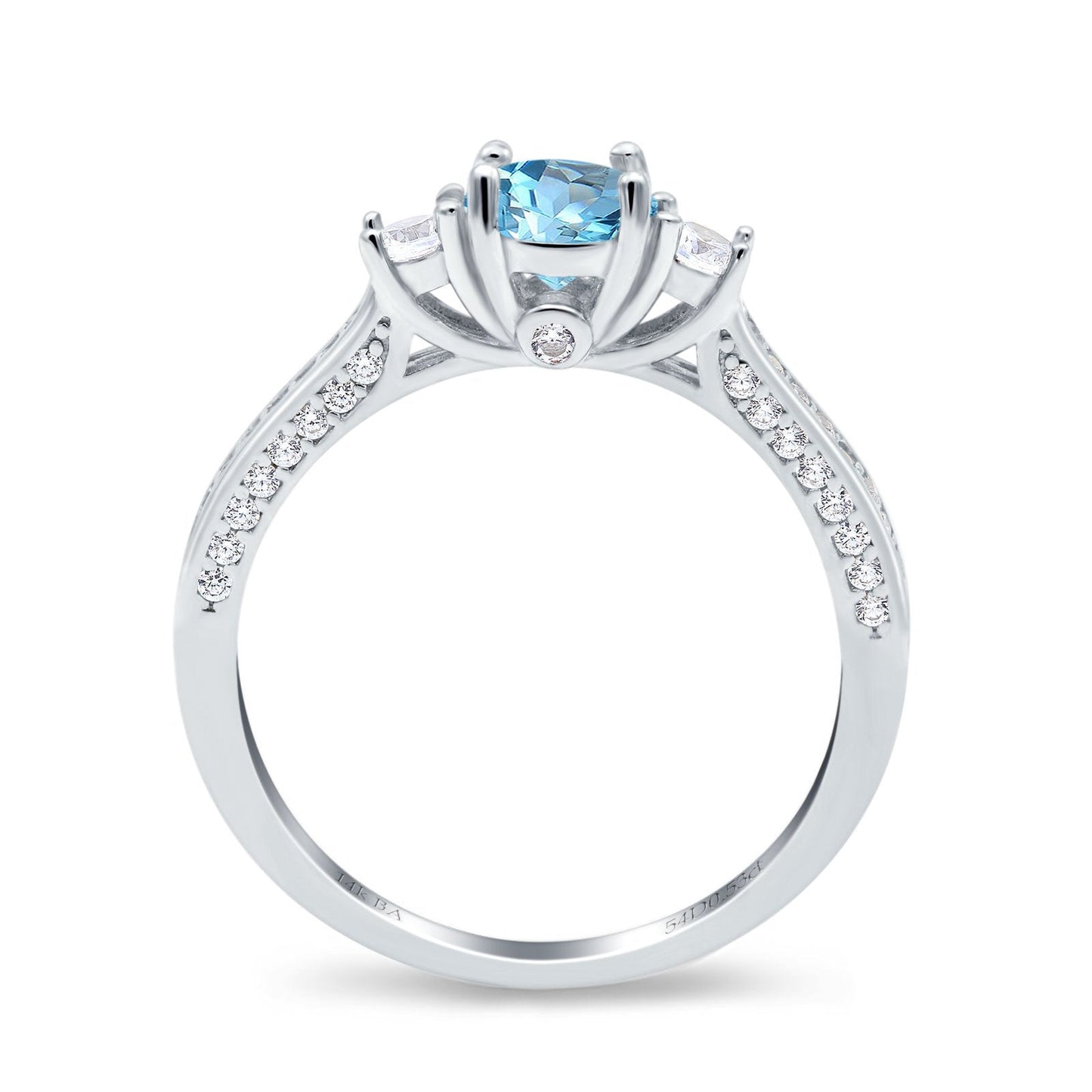 14K White Gold 1.37ct Round Three Stone Vintage 6mm G SI Natural Blue Topaz Diamond Engagement Wedding Ring Size 6.5