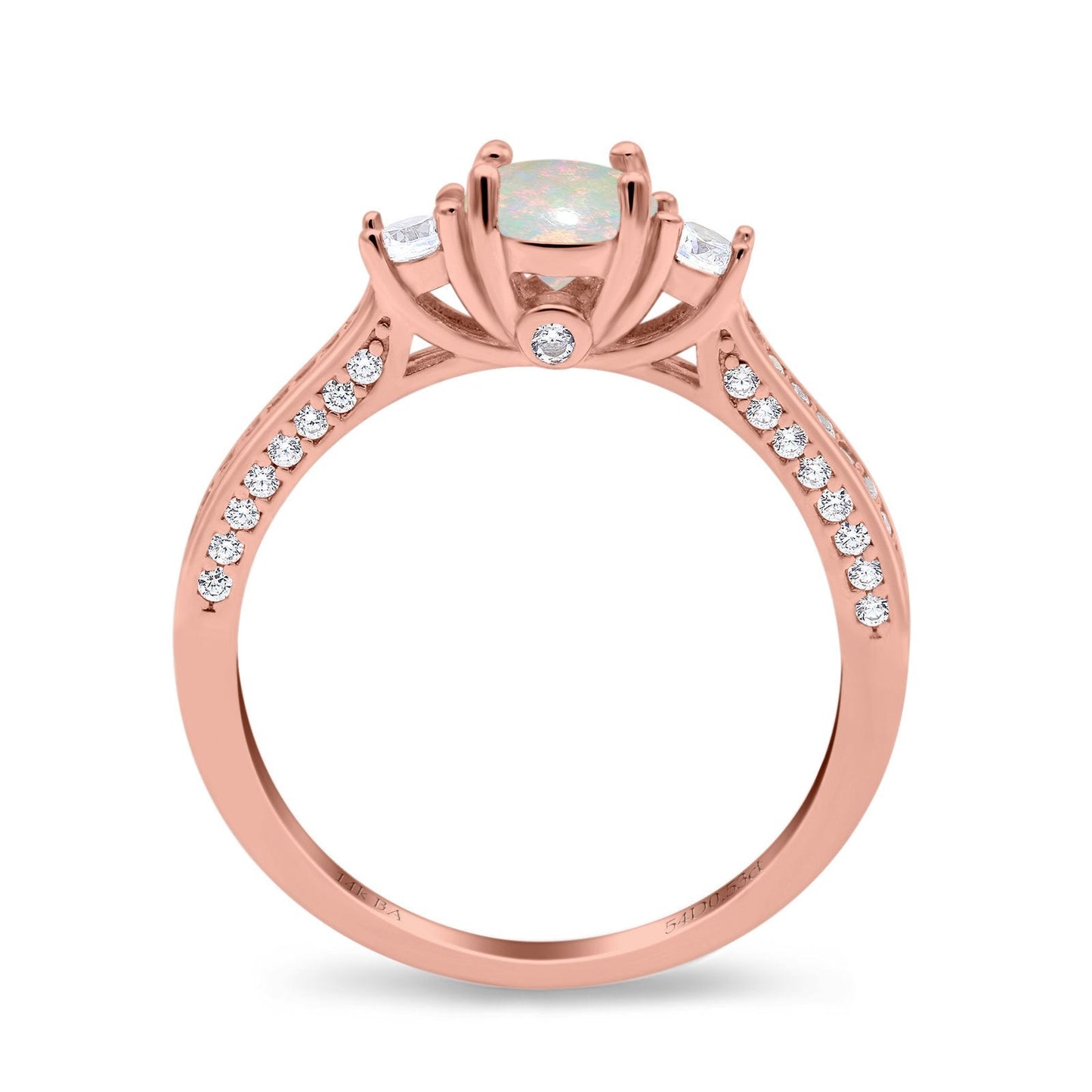 14K Rose Gold 0.53ct Round Three Stone Vintage 6mm G SI Natural White Opal Diamond Engagement Wedding Ring Size 6.5