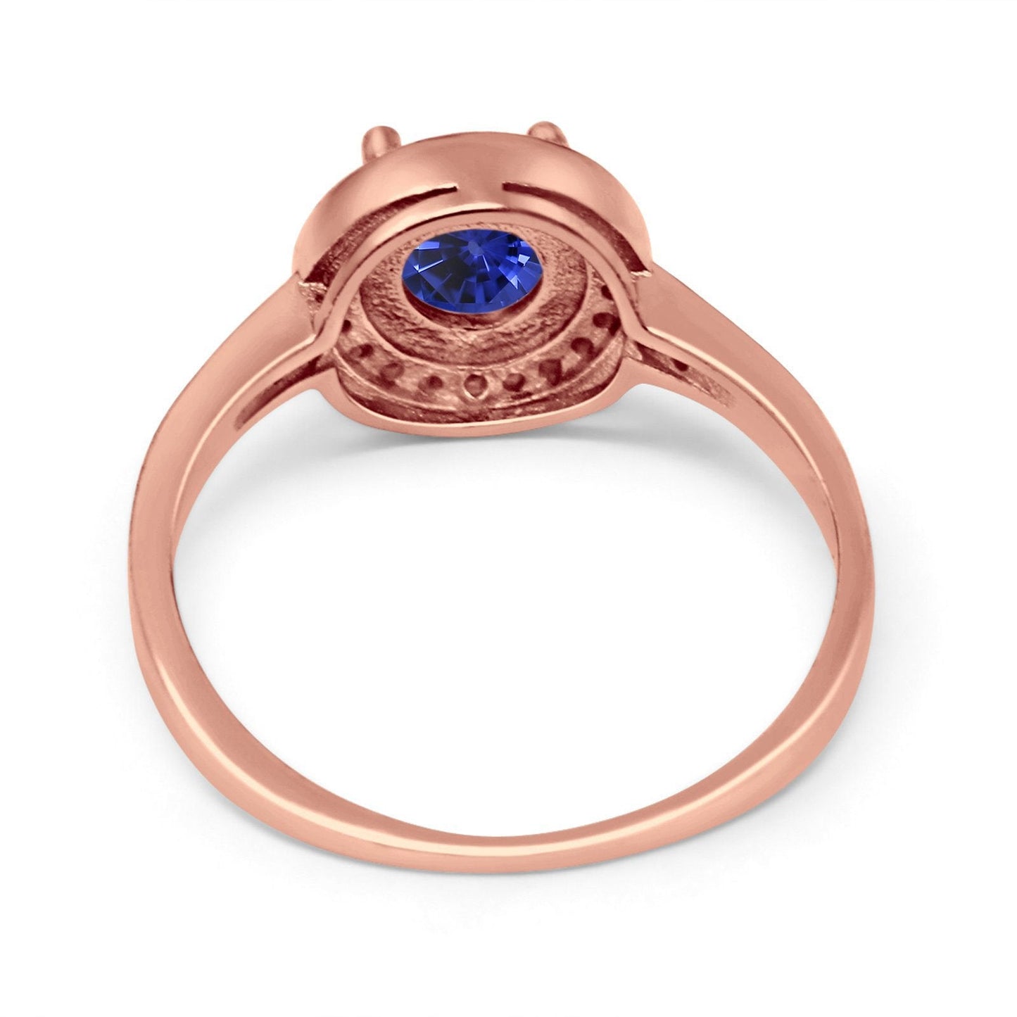 14K Rose Gold 0.94ct Round Art Deco 6mm G SI Nano Blue Sapphire Diamond Engagement Wedding Ring Size 6.5