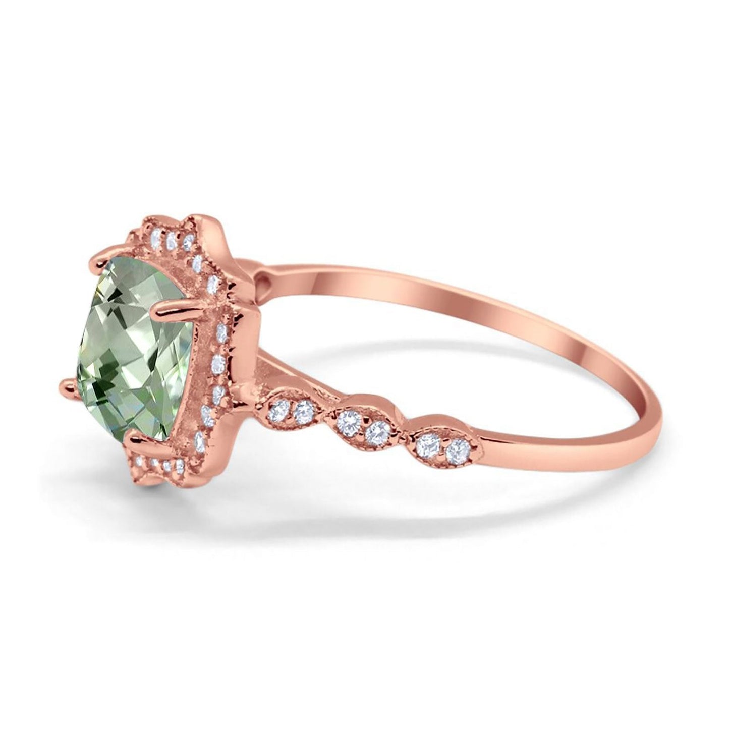 14K Rose Gold 2.31ct Cushion 8mm Halo G SI Natural Green Amethyst Diamond Engagement Wedding Ring Size 6.5