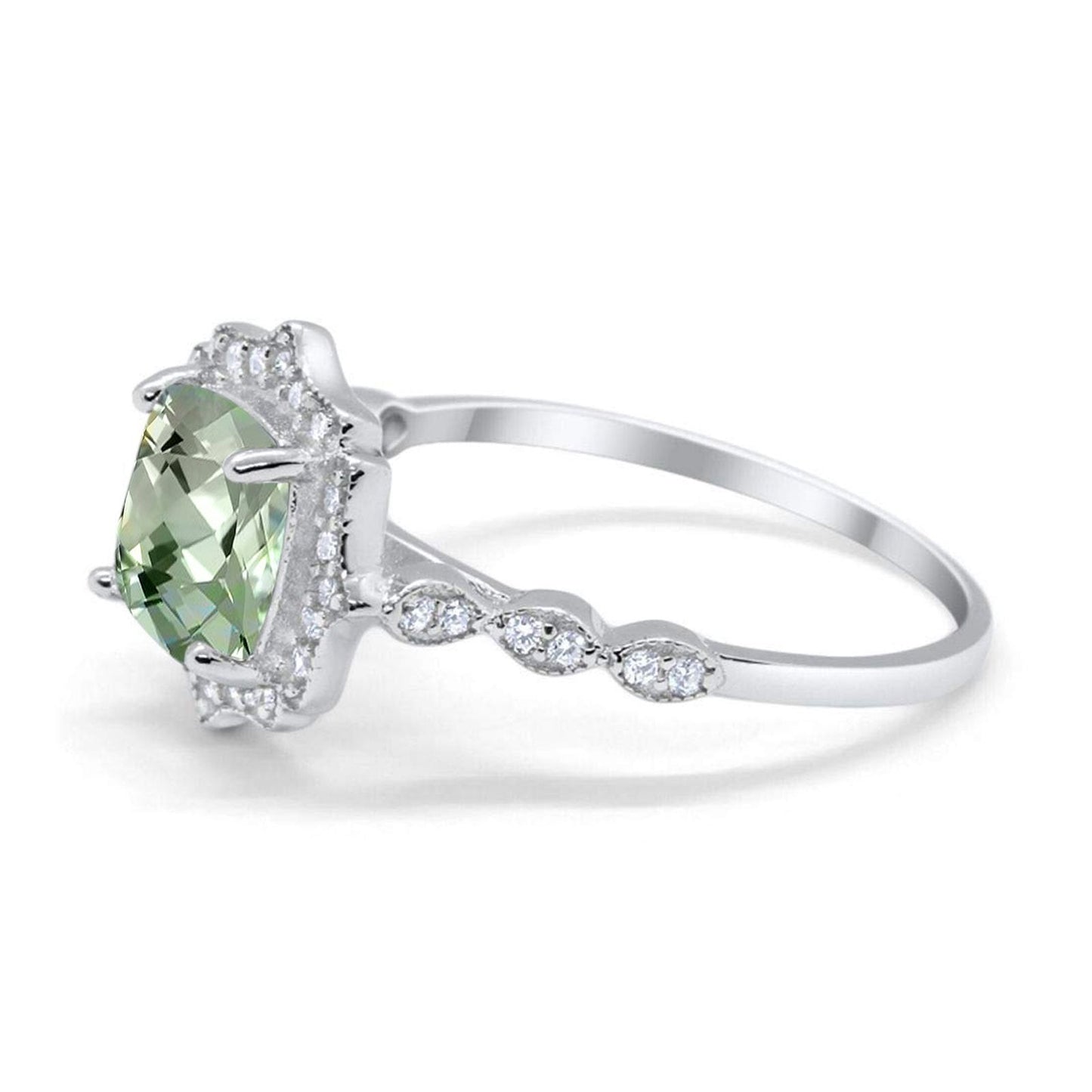 14K White Gold 2.31ct Cushion 8mm Halo G SI Natural Green Amethyst Diamond Engagement Wedding Ring Size 6.5