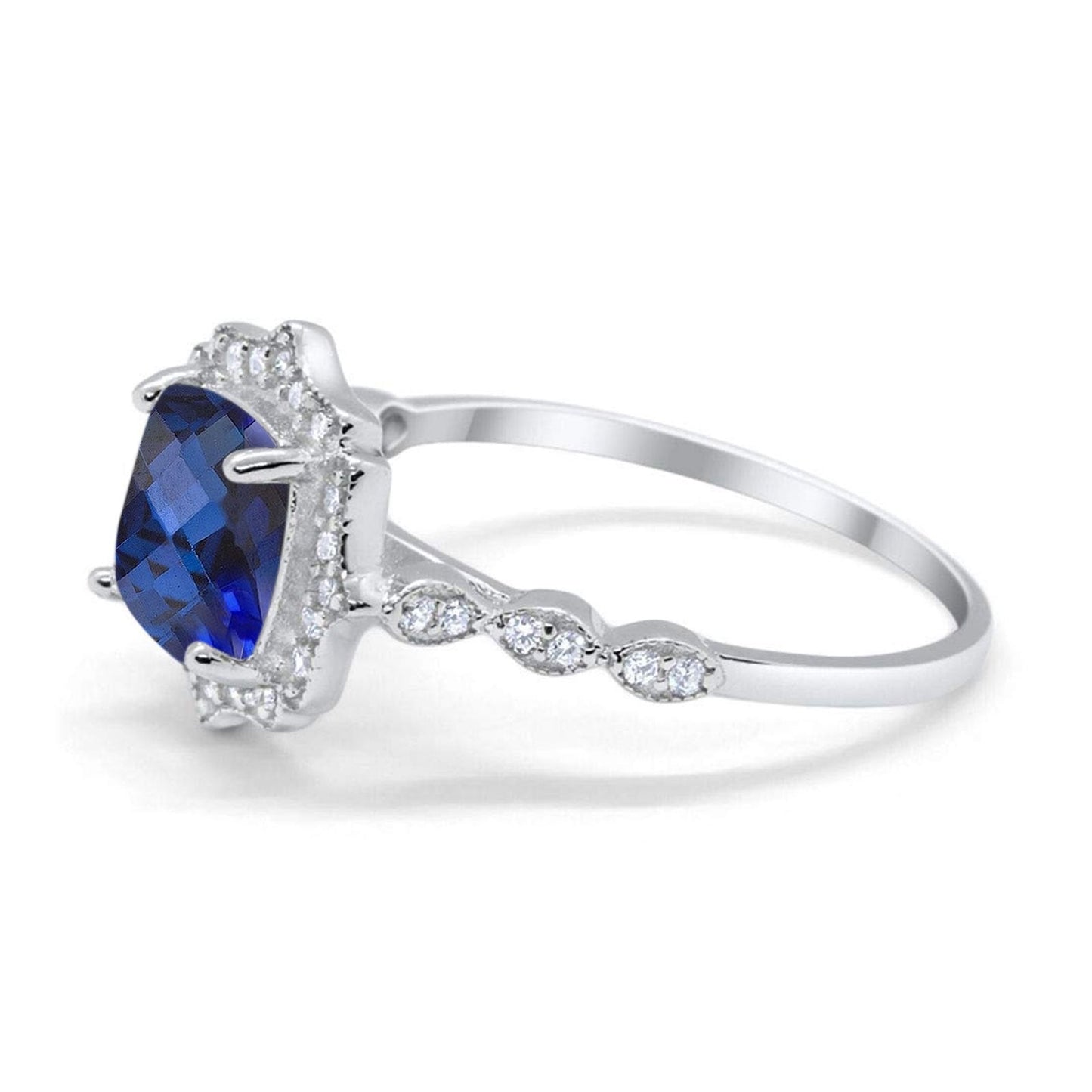 14K White Gold 2.31ct Cushion 8mm Halo G SI Nano Blue Sapphire Diamond Engagement Wedding Ring Size 6.5