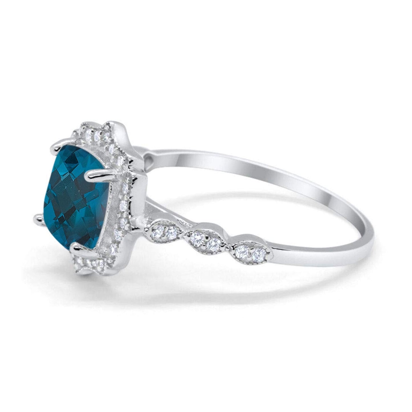 14K White Gold 2.31ct Cushion 8mm Halo G SI London Blue Topaz Diamond Engagement Wedding Ring Size 6.5