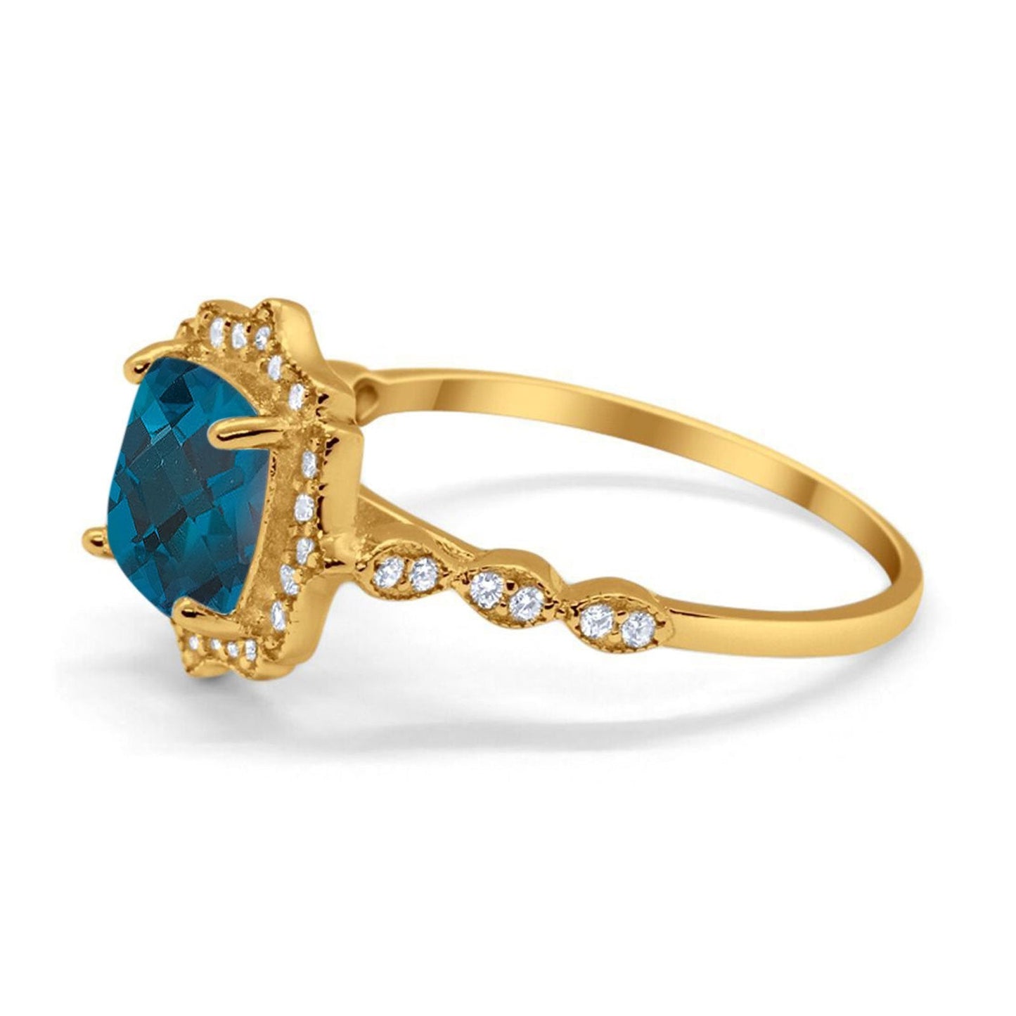 14K Yellow Gold 2.31ct Cushion 8mm Halo G SI London Blue Topaz Diamond Engagement Wedding Ring Size 6.5