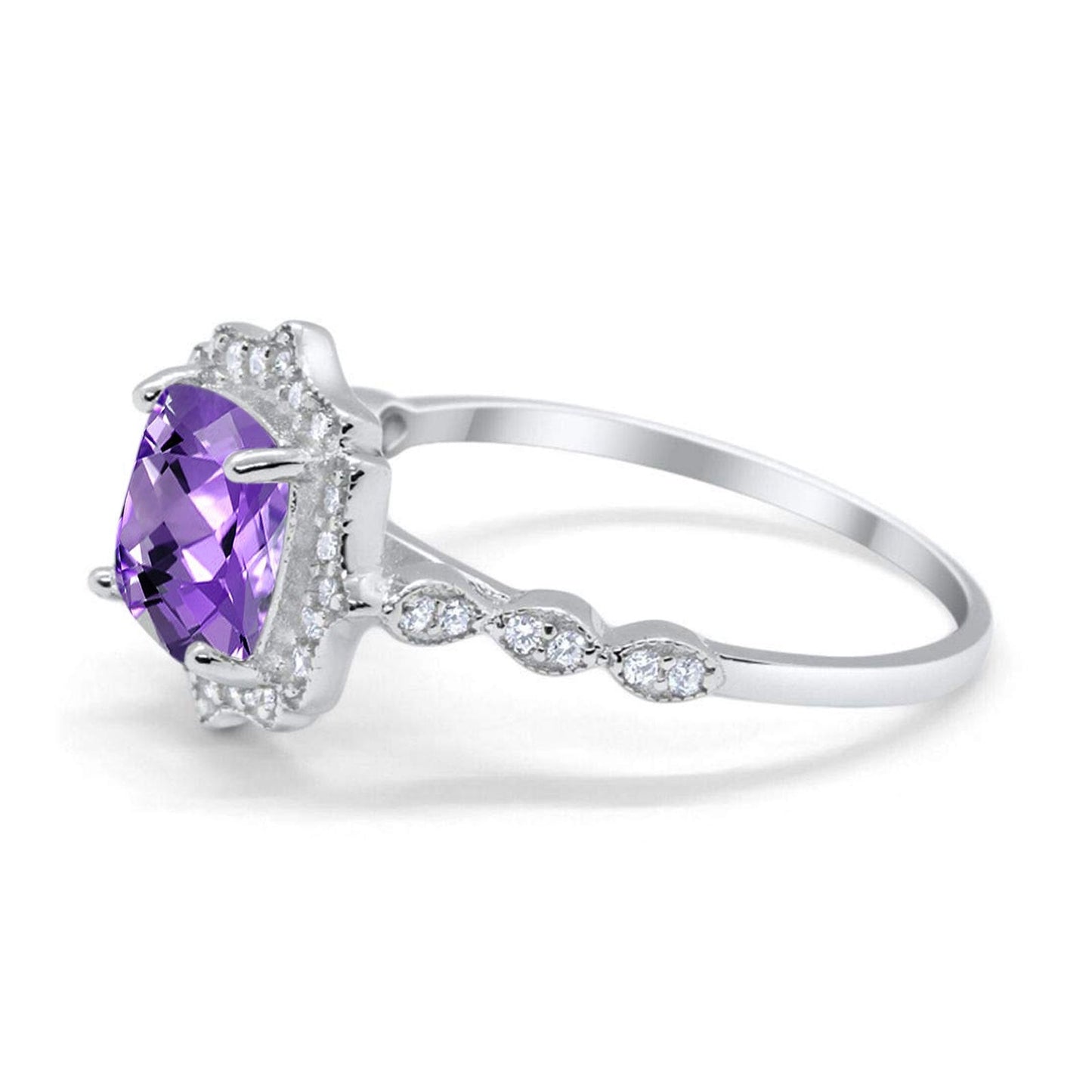 14K White Gold 2.31ct Cushion 8mm Halo G SI Natural Amethyst Diamond Engagement Wedding Ring Size 6.5