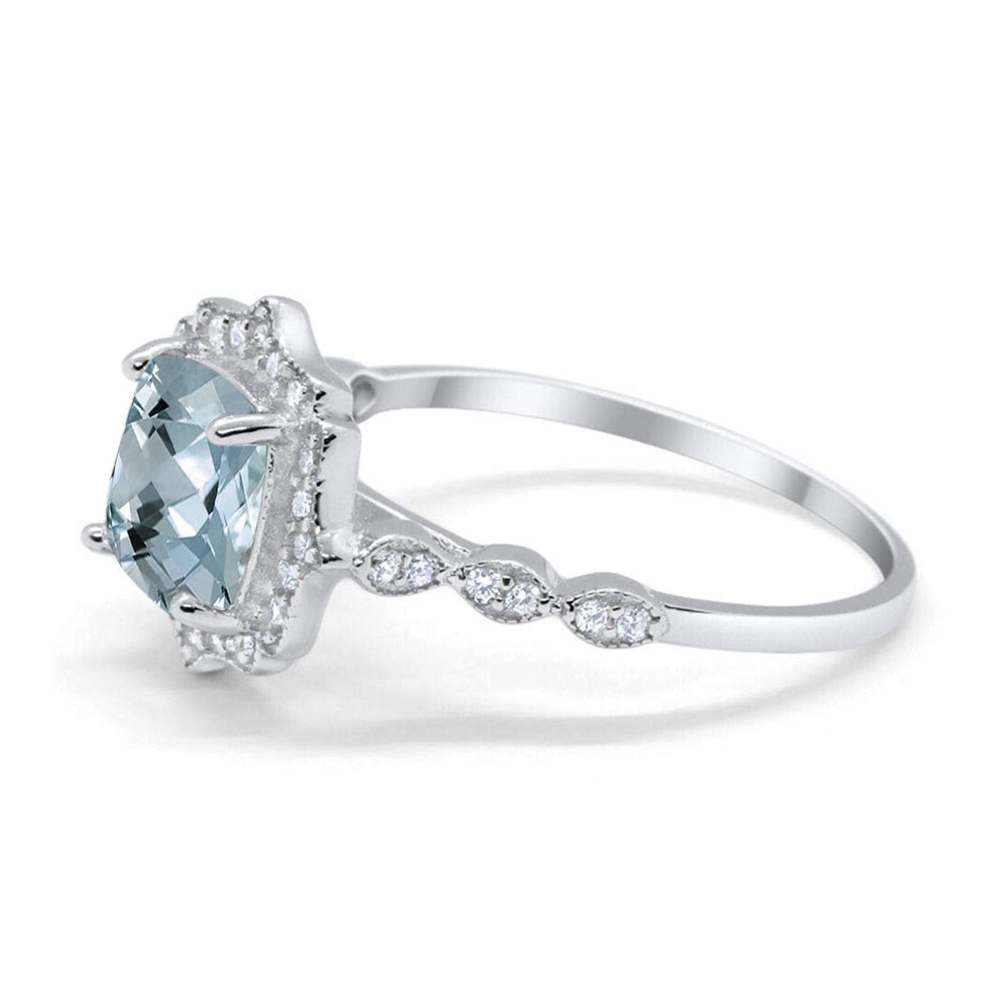 Bague de fiançailles en or blanc 14 carats 2,31 ct coussin 8 mm halo G SI aigue-marine naturelle diamant taille 6,5