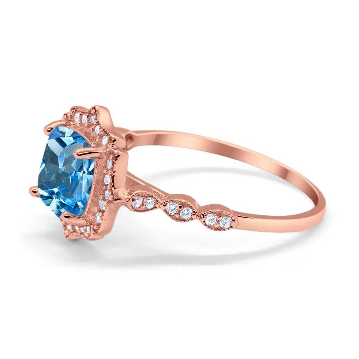 14K Rose Gold 2.31ct Cushion 8mm Halo G SI Natural Blue Topaz Diamond Engagement Wedding Ring Size 6.5