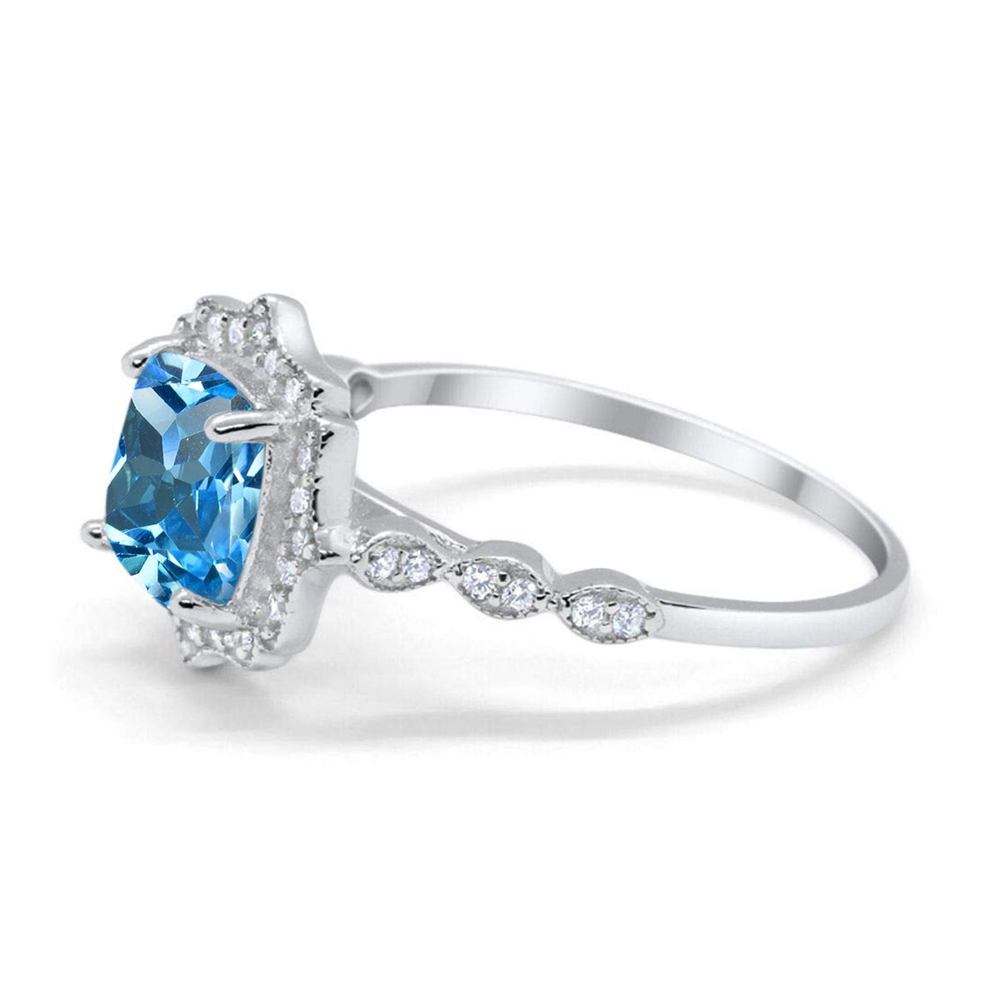 14K White Gold 2.31ct Cushion 8mm Halo G SI Natural Blue Topaz Diamond Engagement Wedding Ring Size 6.5