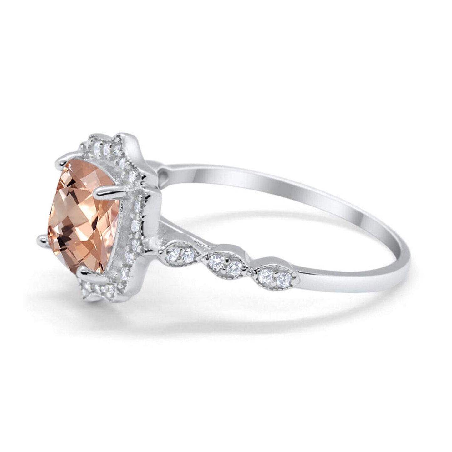 14K White Gold 2.31ct Cushion 8mm Halo G SI Natural Morganite Diamond Engagement Wedding Ring Size 6.5