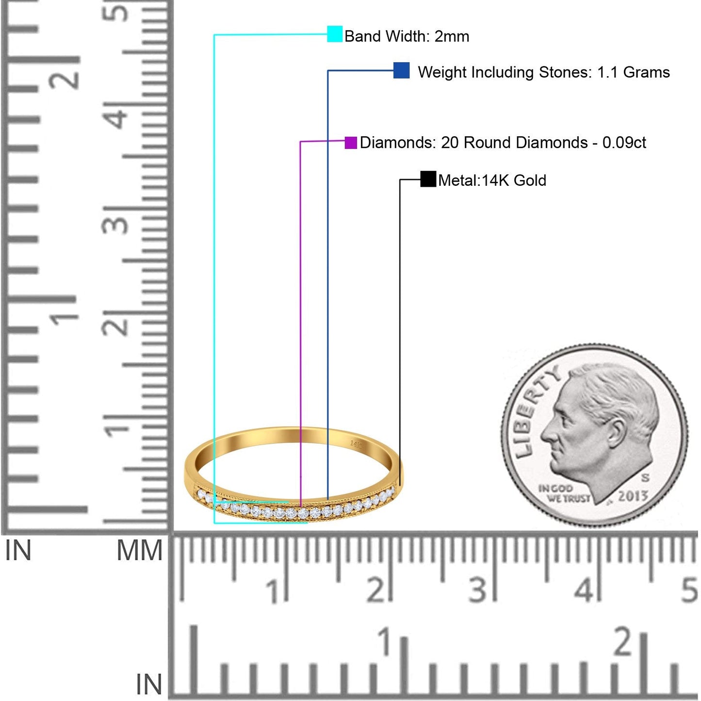 14K Yellow Gold 0.09ct Round 2mm G SI Stackable Anniversary Diamond Engagement Half Eternity Wedding Ring Size 6.5