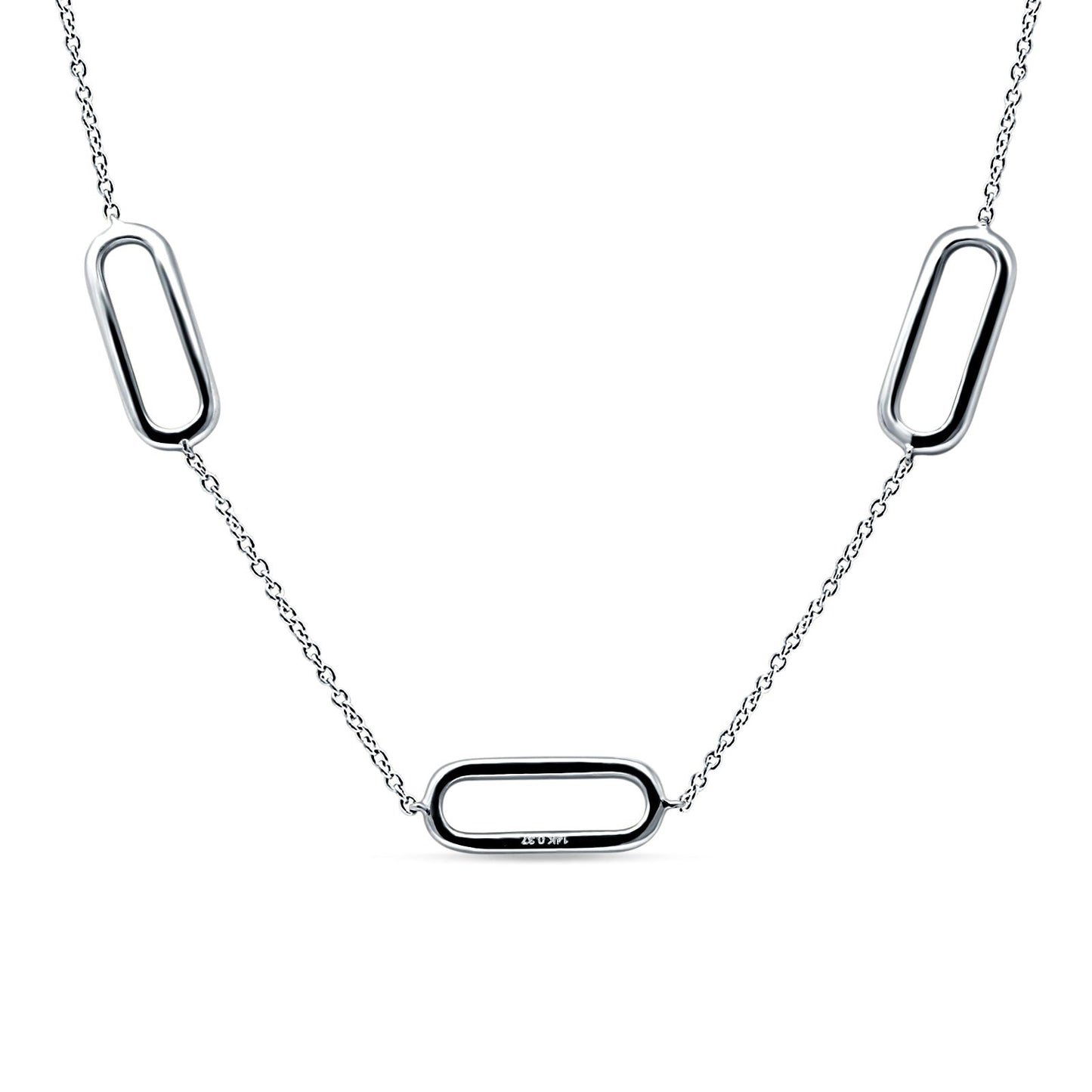 14K White Gold 0.37ct Three Link Oval Paperclip Chain Necklace Natural Diamond Pendant 18" Long