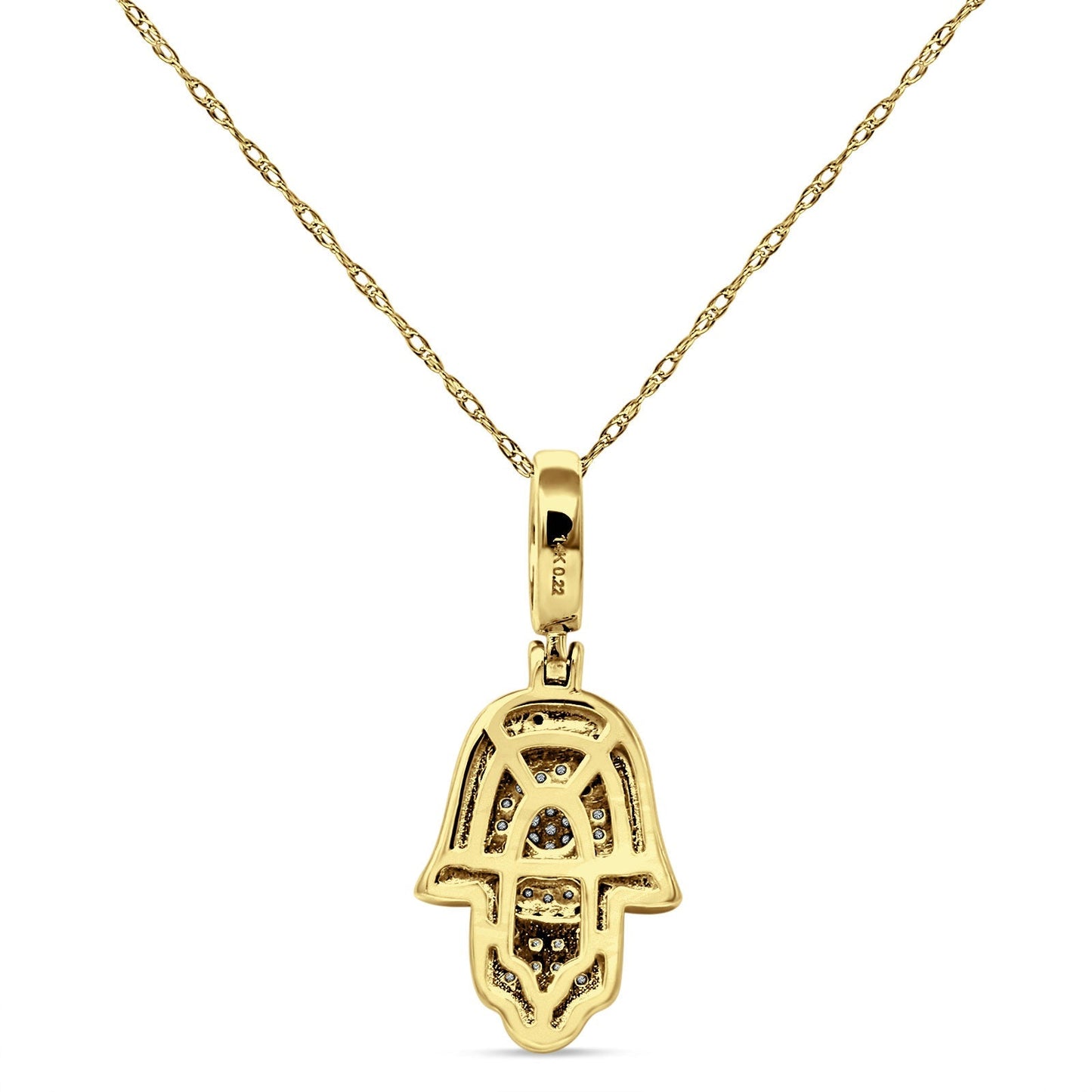 14K Yellow Gold 0.22ct Hamsa Hand Charm Pendant Natural Diamond Necklace 18 Inch