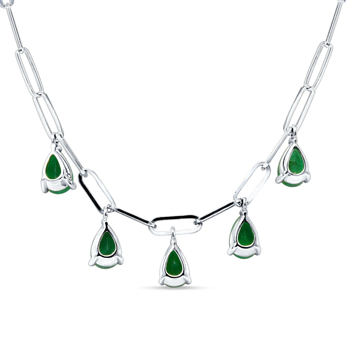 14K White Gold 1.65ct Green Emerald Five Pear Pendant Paperclip Chain Necklace 16 Inch Long