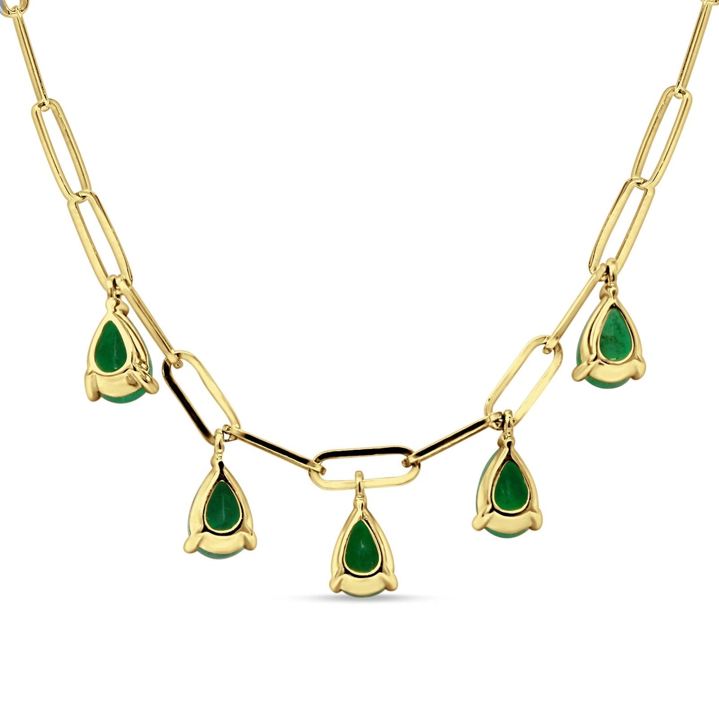 14K Yellow Gold 1.65ct Green Emerald Five Pear Pendant Paperclip Chain Necklace 16 Inch Long