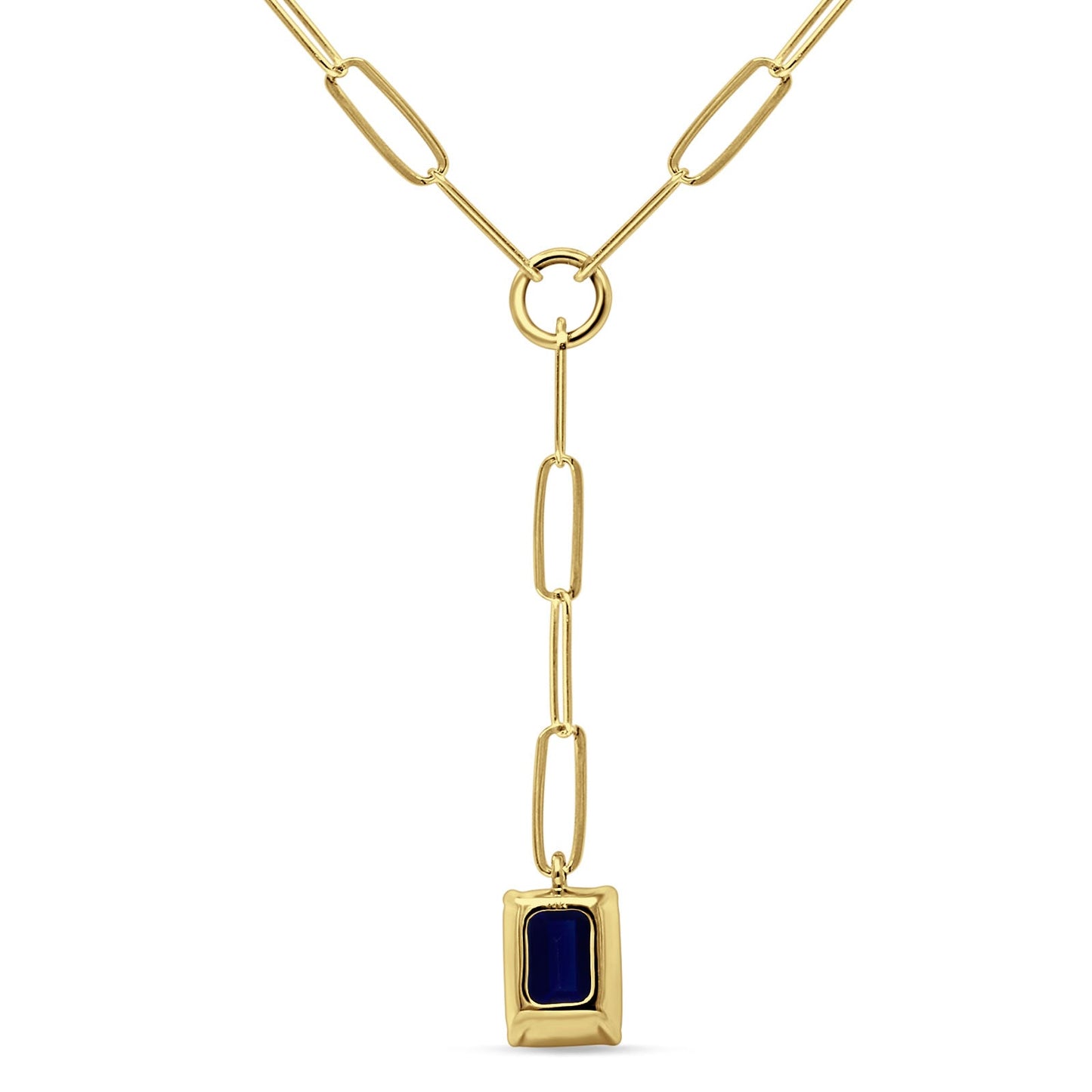 14K Yellow Gold 0.91ct Emerald Cut Paperclip Chain Necklace Blue Sapphire 16" Long