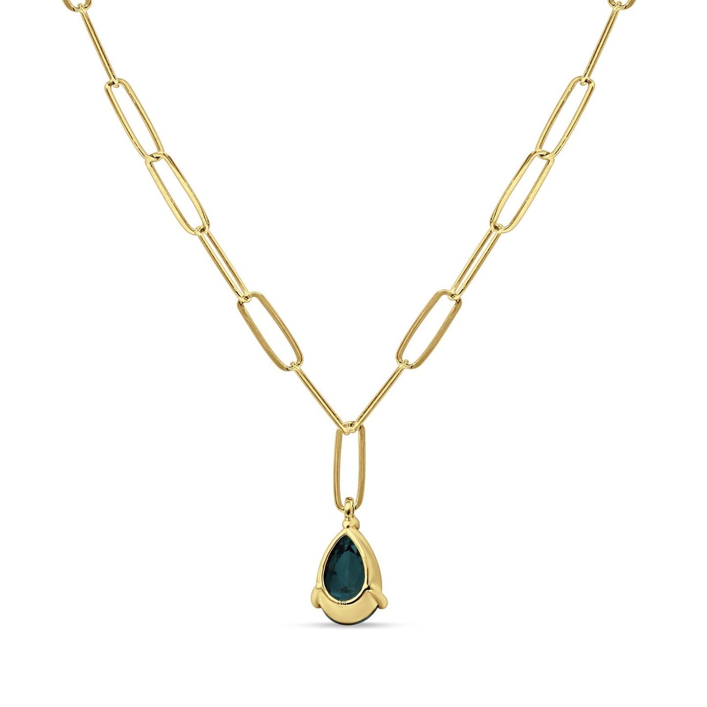 14K Yellow Gold 1.10ct Blue Sapphire Pear Pendant Paperclip Chain Necklace 16 Inch Long