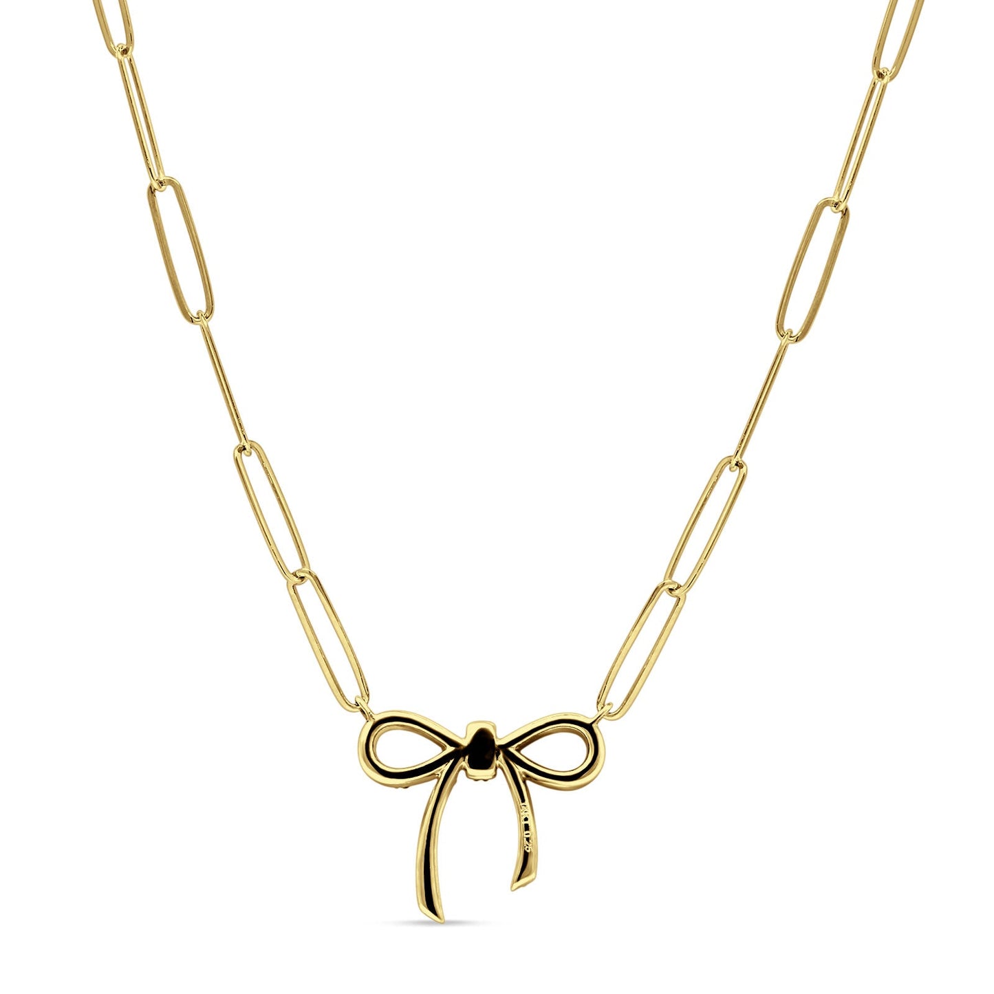 14K Yellow Gold 0.25ct Ribbon Bow Natural Diamond Paperclip Chain Necklace 18 Inch Long