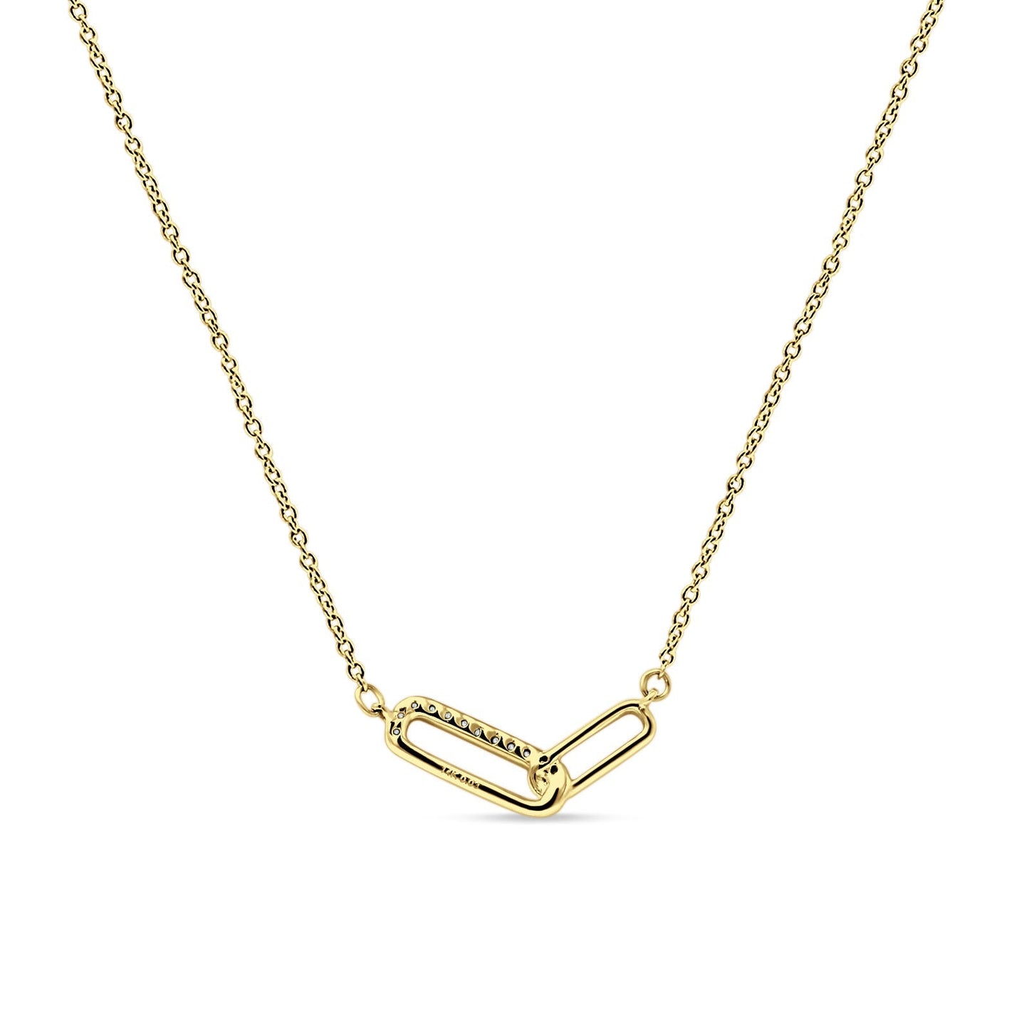 14K Yellow Gold 0.03ct Interlocking Oval Paperclip Charm Necklace Natural Diamond Pendant 18" Long