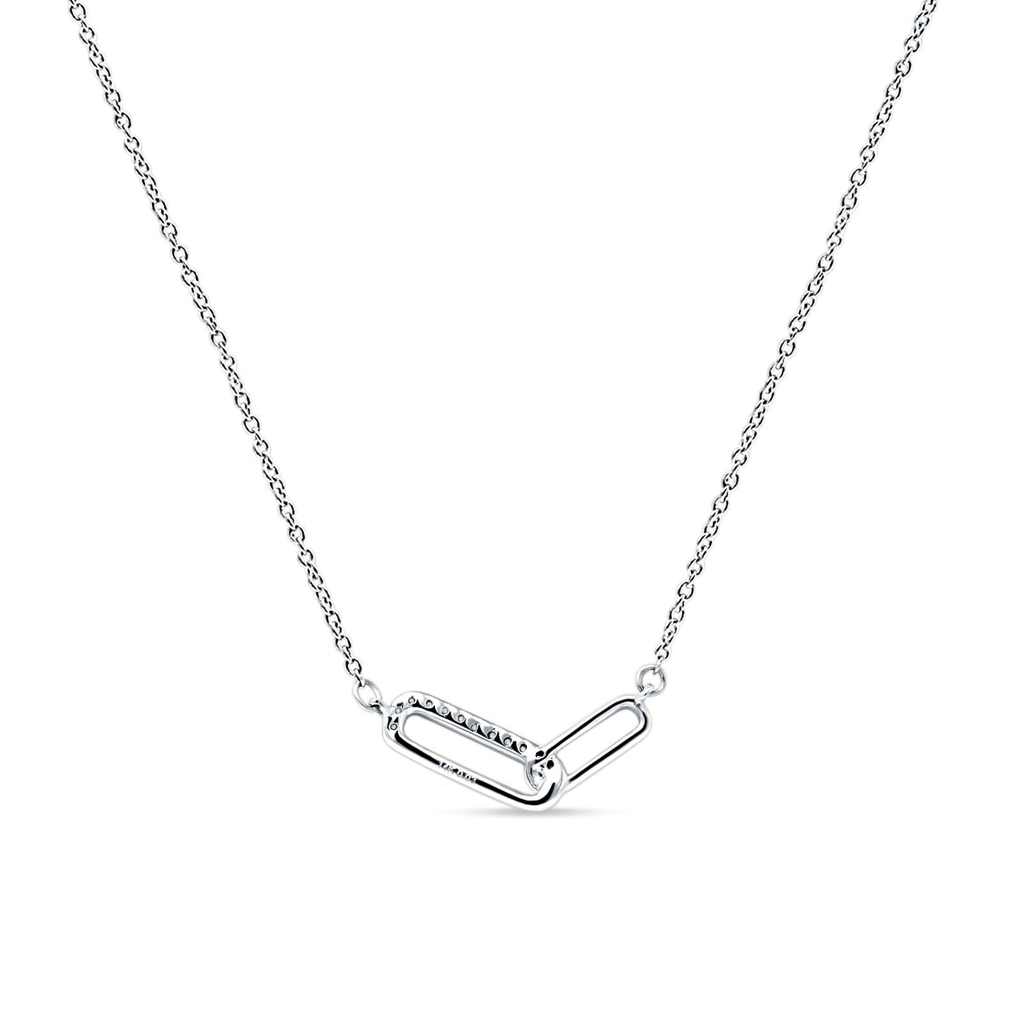 14K White Gold 0.03ct Interlocking Oval Paperclip Charm Necklace Natural Diamond Pendant 18" Long