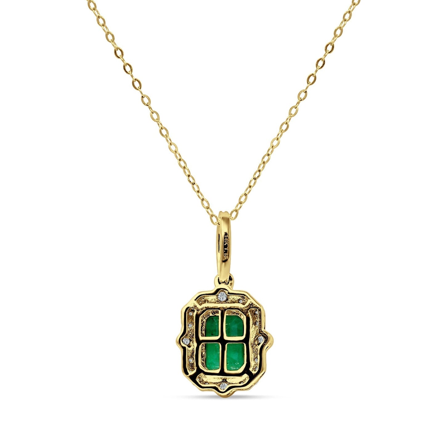 14K Yellow Gold 0.18ct Natural Emerald & Diamond Halo Solitaire Pendant Necklace 18" Long