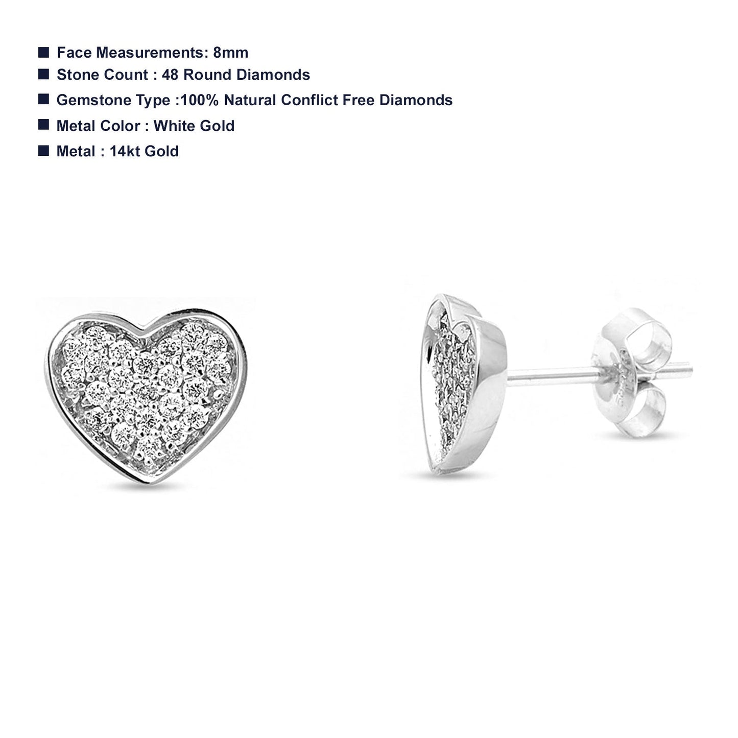 Solid 14K White Gold 8mm Heart Shaped Diamond Stud Earrings Wholesale