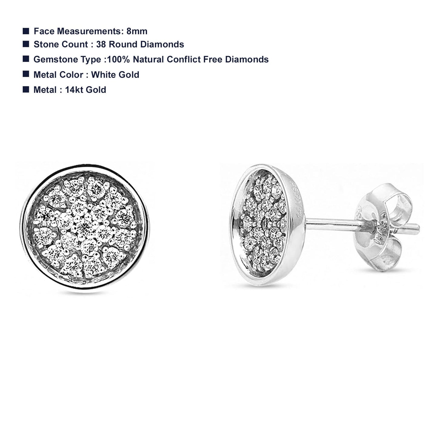 Solid 14K White Gold 8mm Round Circle Diamond Stud Earring Wholesale