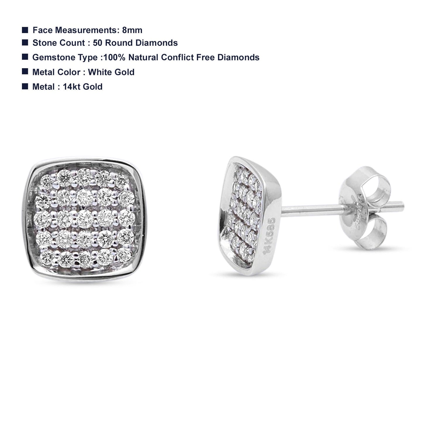 Solid 14K White Gold 8mm Round Diamond Square Hip Hop Stud Earrings Wholesale