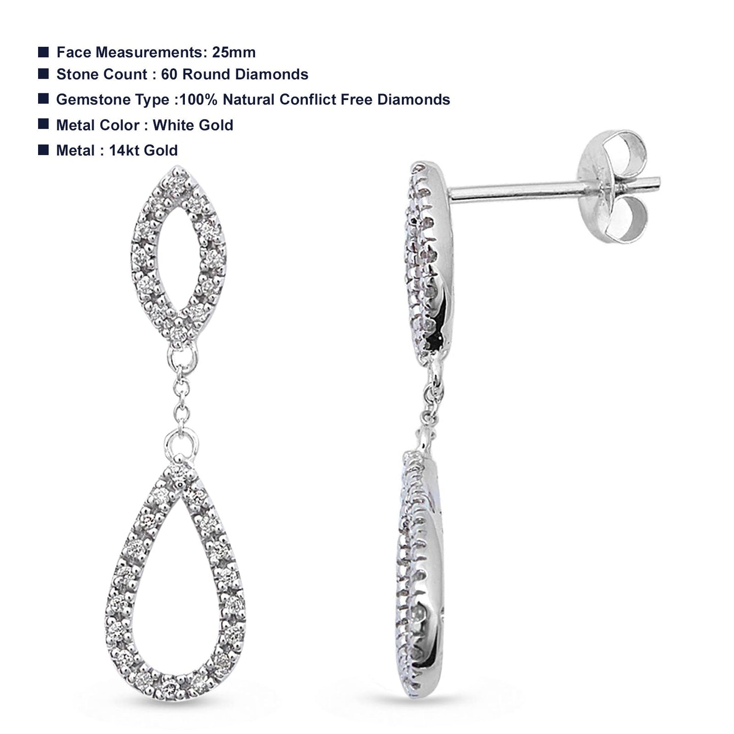 Solid 14K White Gold 25mm Drop Dangle Pear Teardrop Diamond Earrings Wholesale