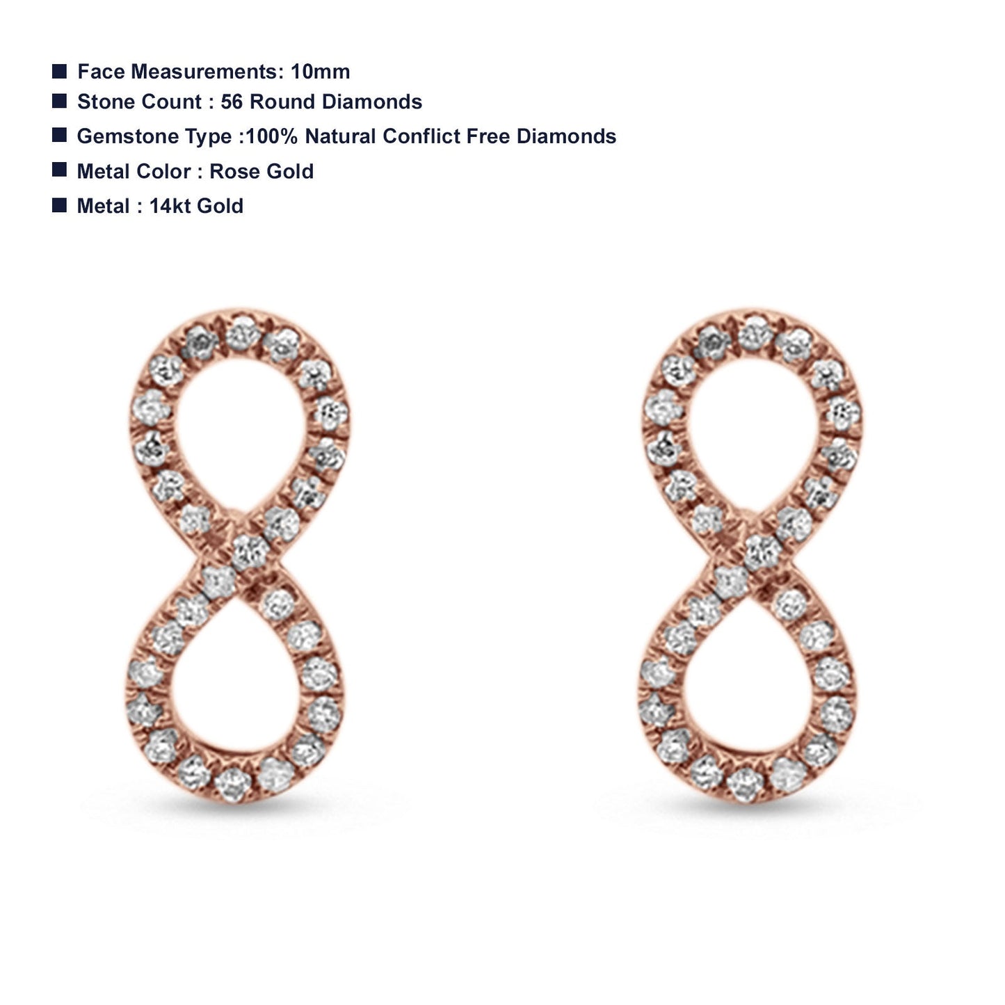 14kt Solid Rose Gold Infinity Sign Stud Diamond Earrings Wholesale