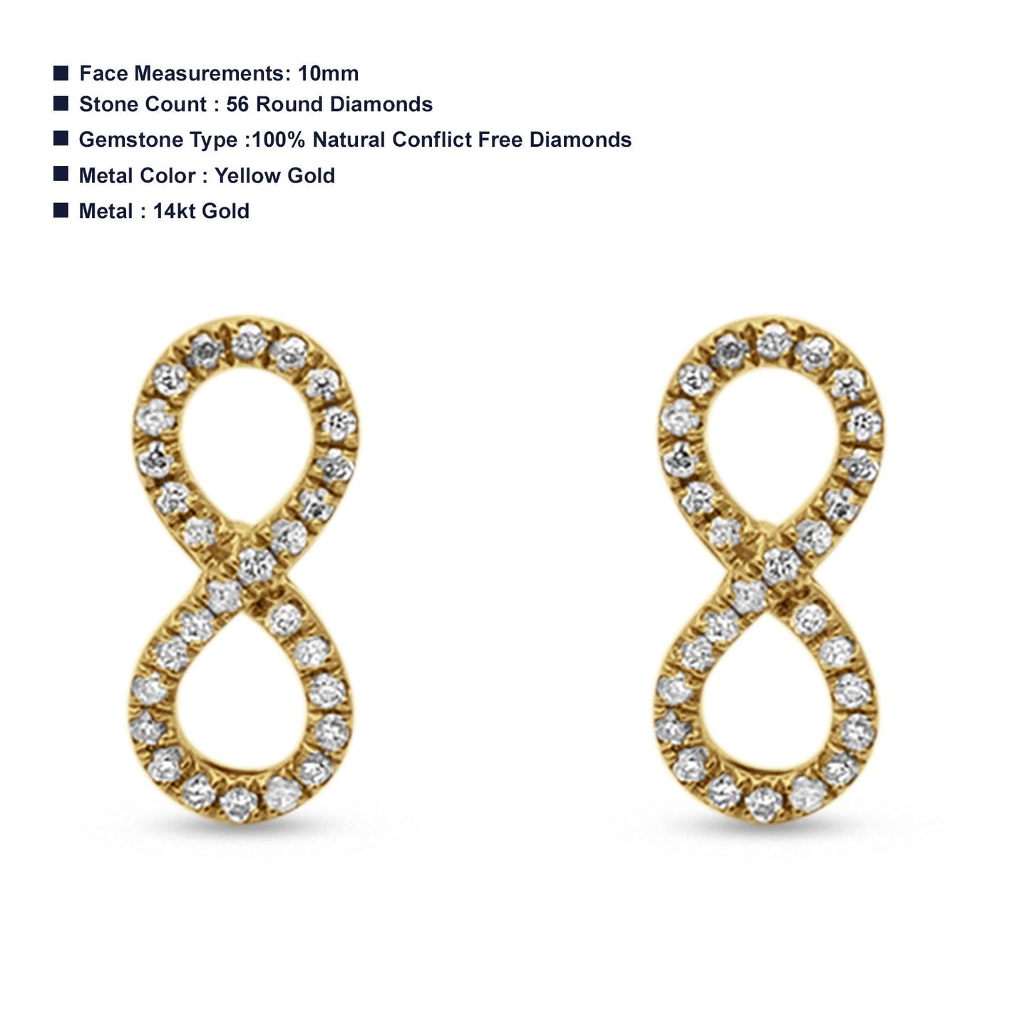 14kt Solid Yellow Gold Infinity Sign Stud Diamond Earrings Wholesale