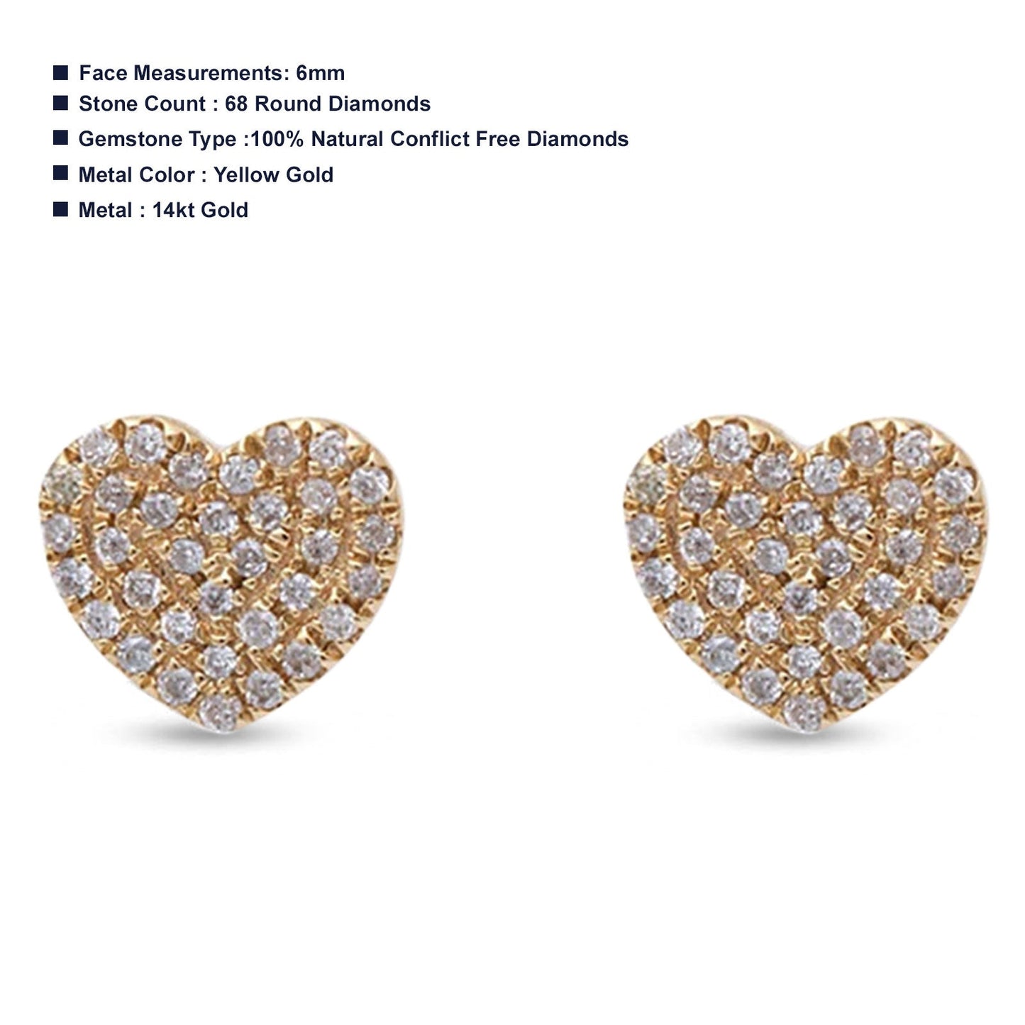 14kt Solid Yellow Gold 6mm Heart Shape Diamond Stud Earrings Wholesale