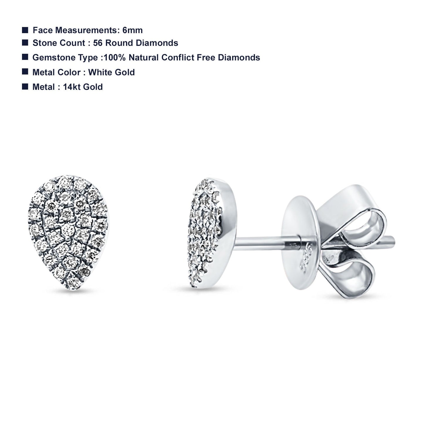 Solid 14K White Gold 6mm Pear Shape Round Diamond Stud Earrings Wholesale