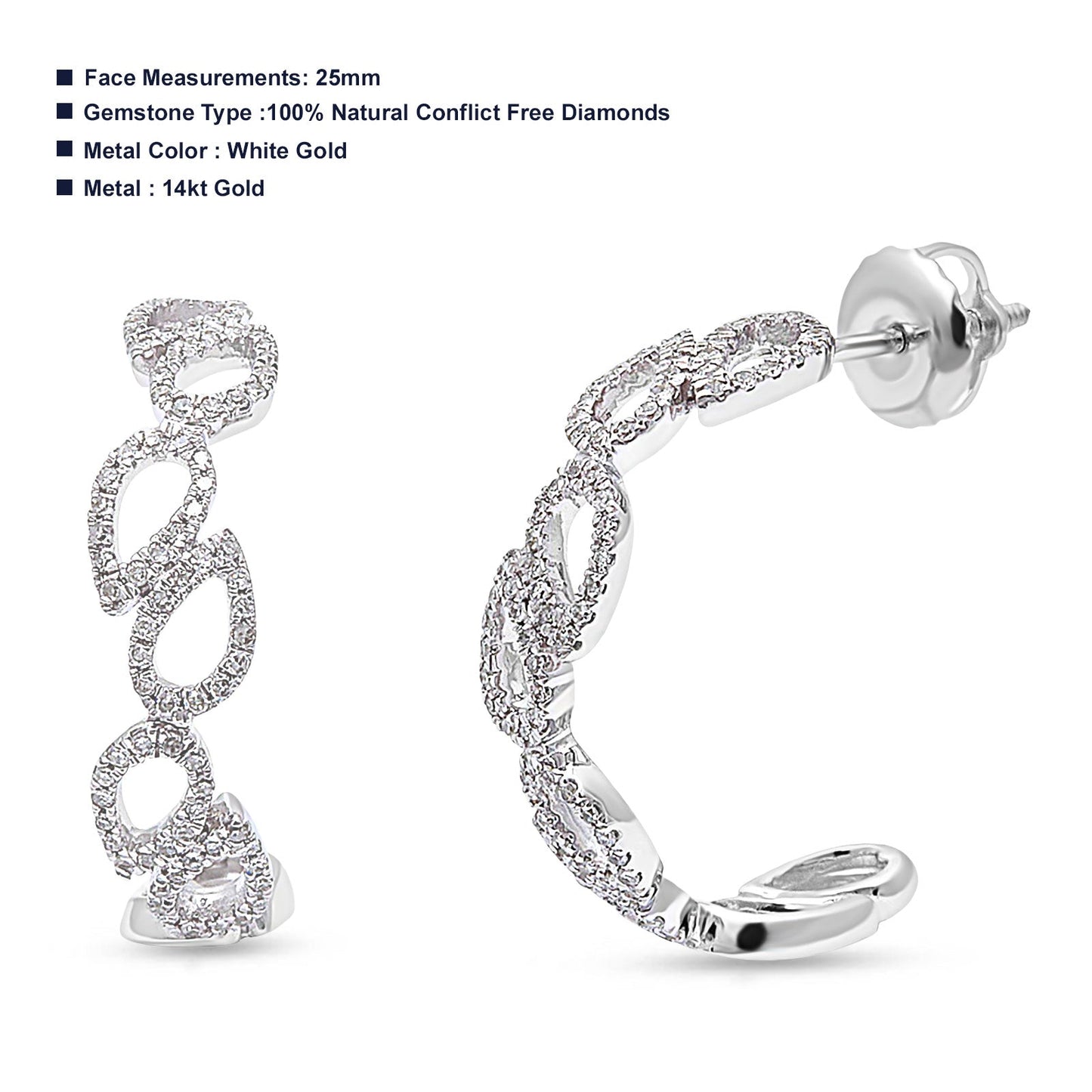 Solid 14K White Gold 25mm Half Hoop Huggie Stud Style Teardrop Pear Round Diamond Earrings Wholesale