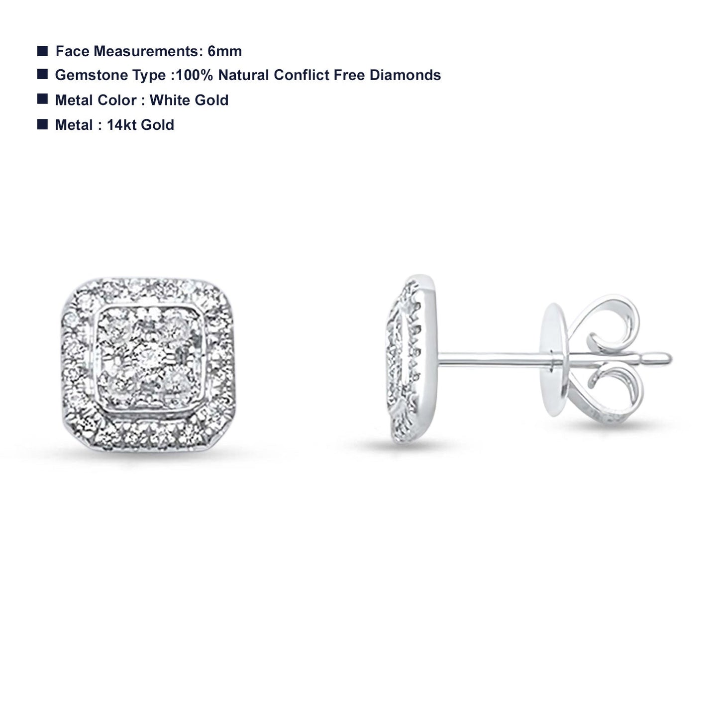 Solid 14K White Gold 6mm Square Princess Diamond Stud Earrings Wholesale