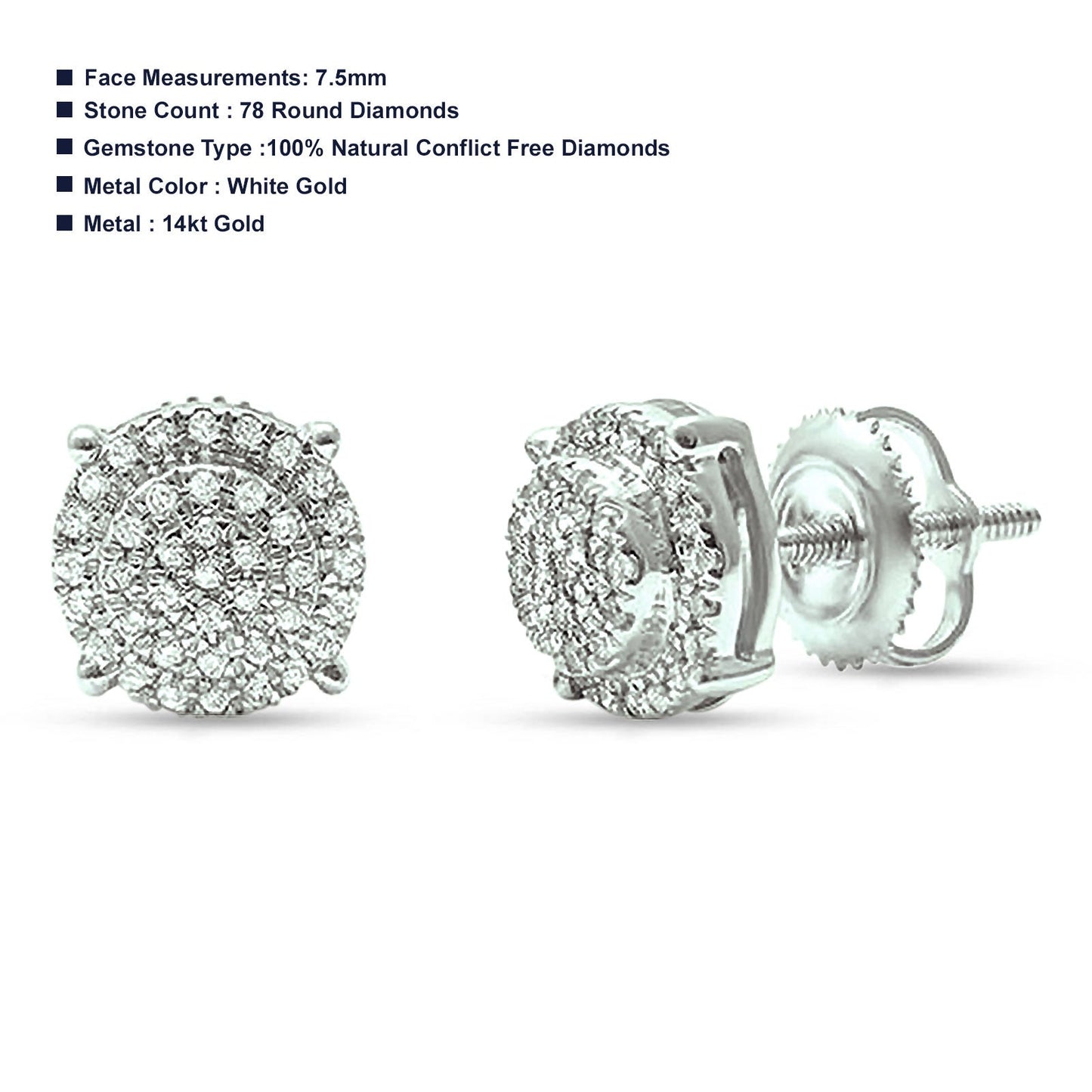 Solid 14K White Gold 7.5mm Round Diamond Cluster Stud Earrings Wholesale