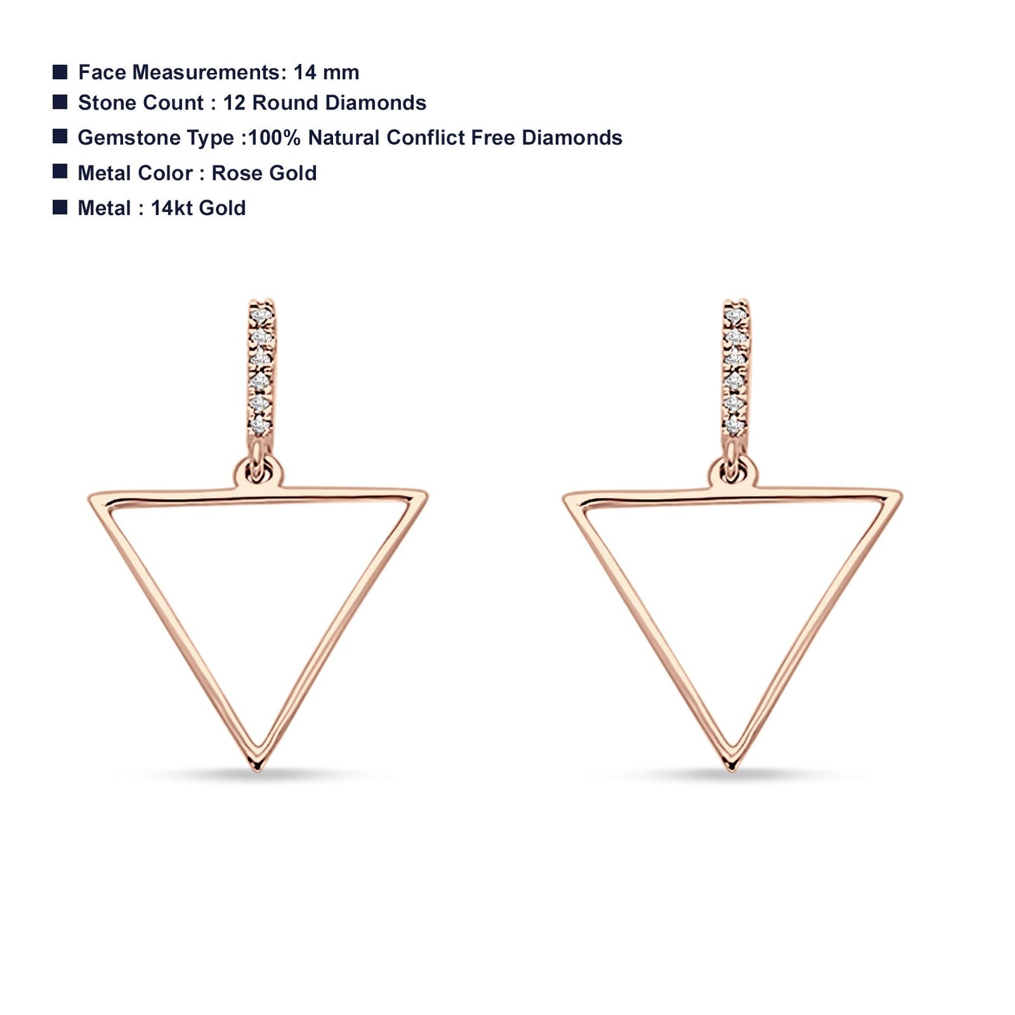 14kt Solid Rose Gold Diamond Hollow Triangle Trendy Earrings Wholesale