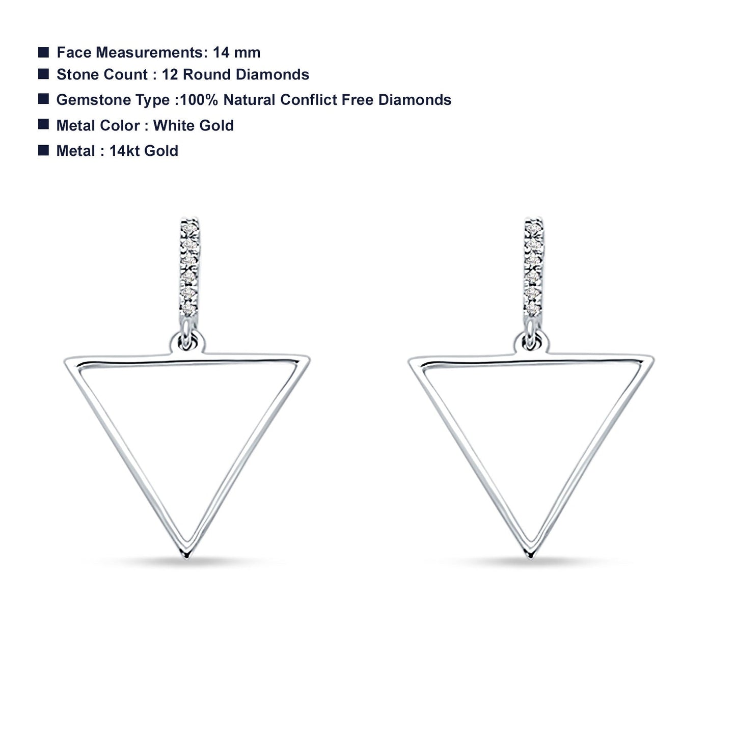 14kt Solid White Gold Diamond Hollow Triangle Trendy Earrings Wholesale