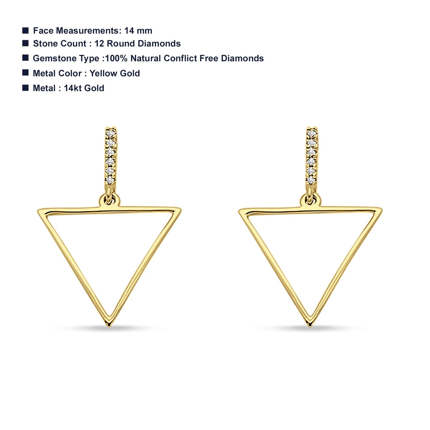 14kt Solid Yellow Gold Diamond Hollow Triangle Trendy Earrings Wholesale