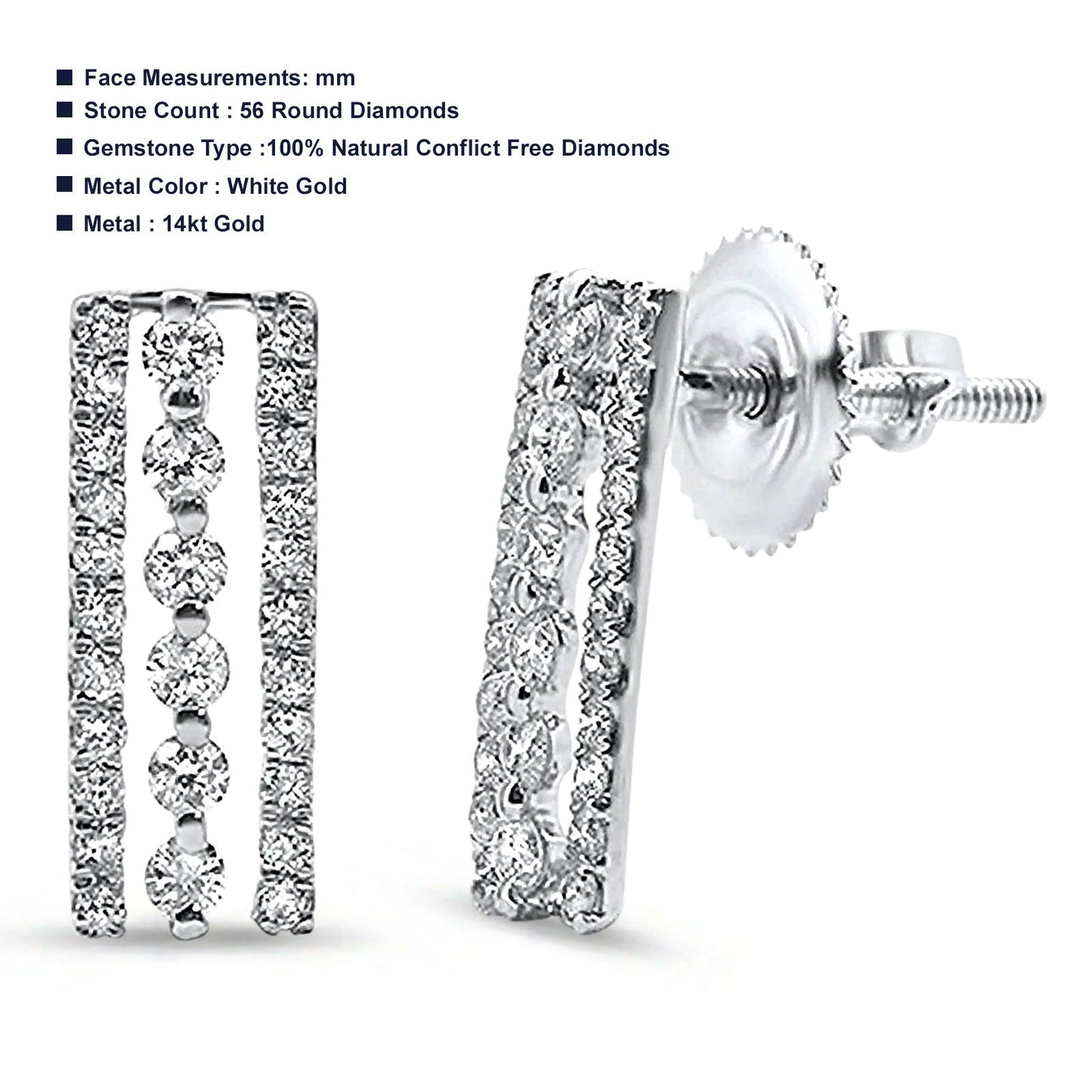 Solid 14K White Gold 0.2mm Drop Bar Round Diamond Stud Earrings Wholesale