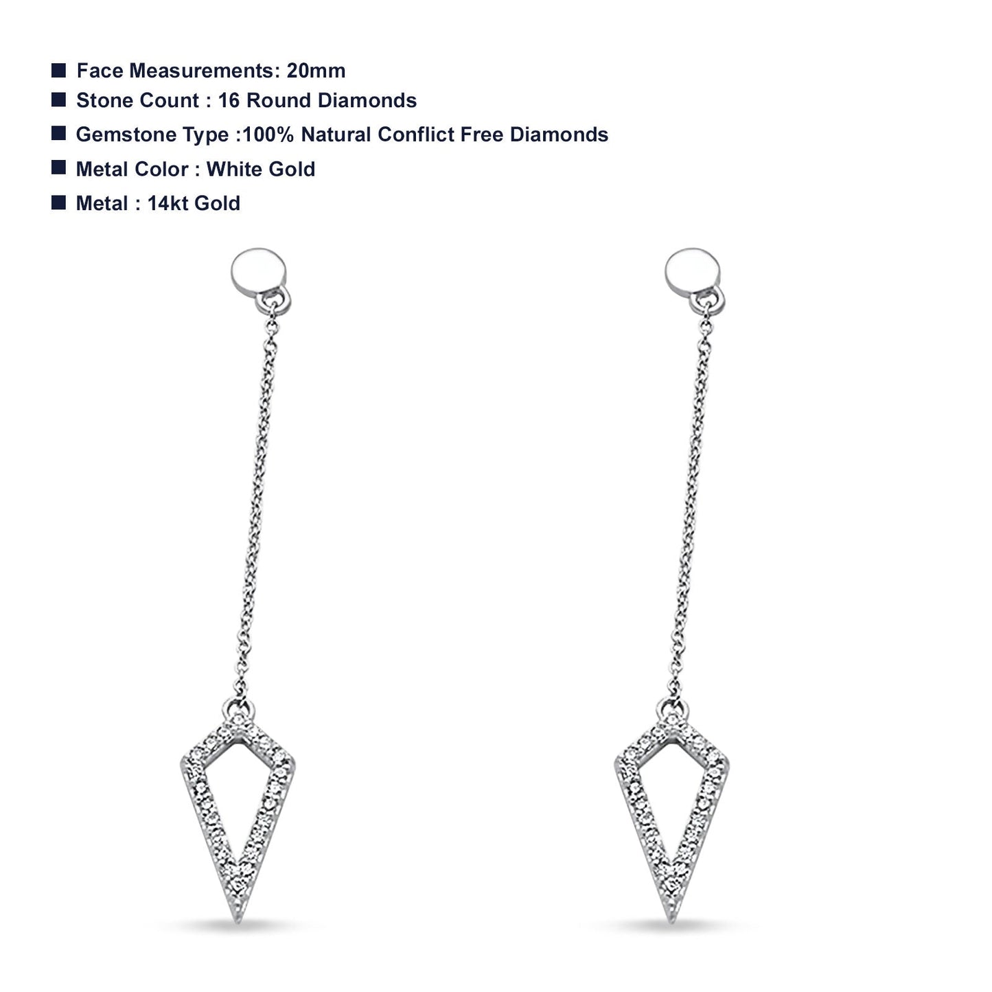 14k Solid White Gold Diamond Modern Triangle Drop Dangle Chain Earring Wholesale